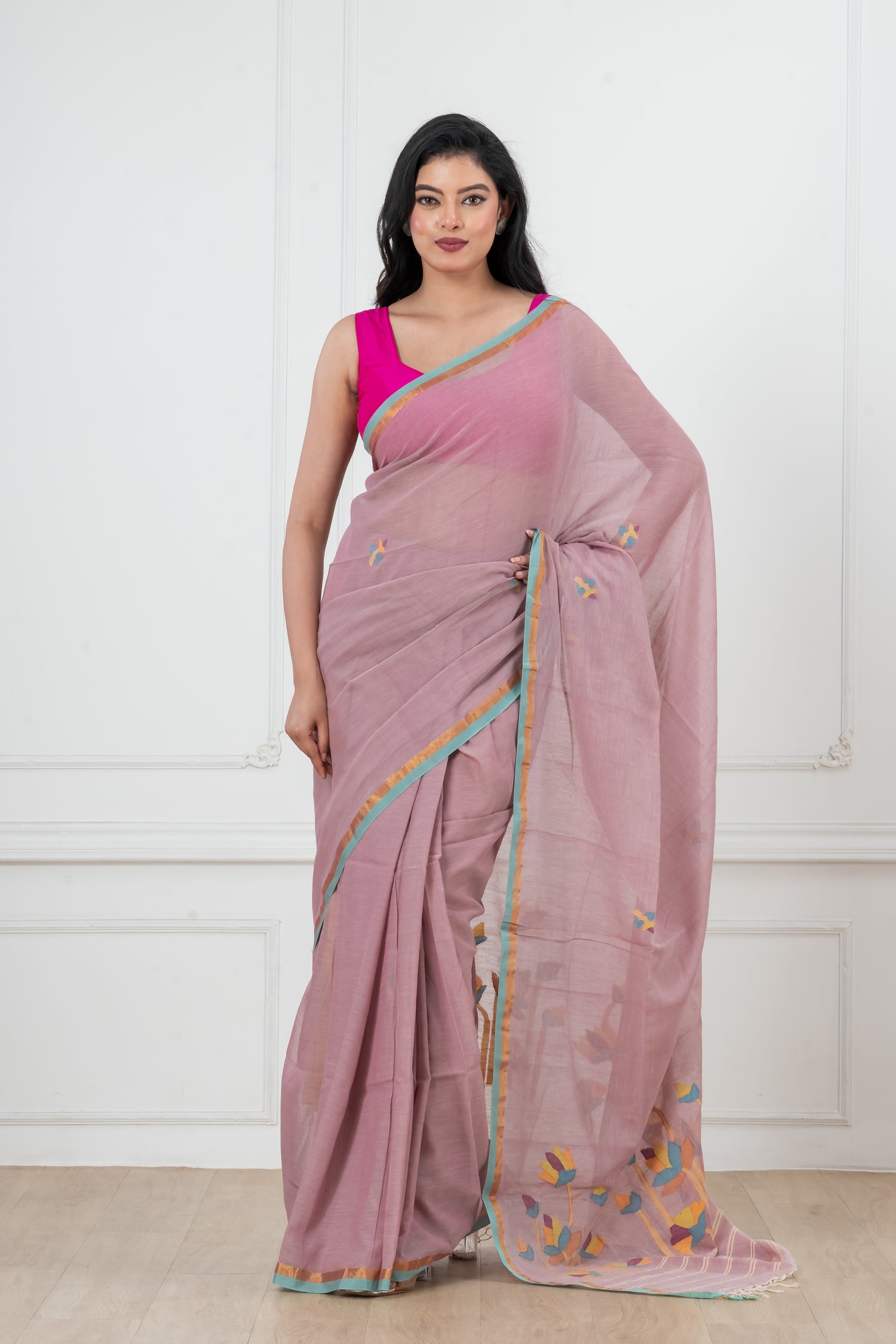 Pure Cotton  Handwoven  meddle  work Jamdani Saree