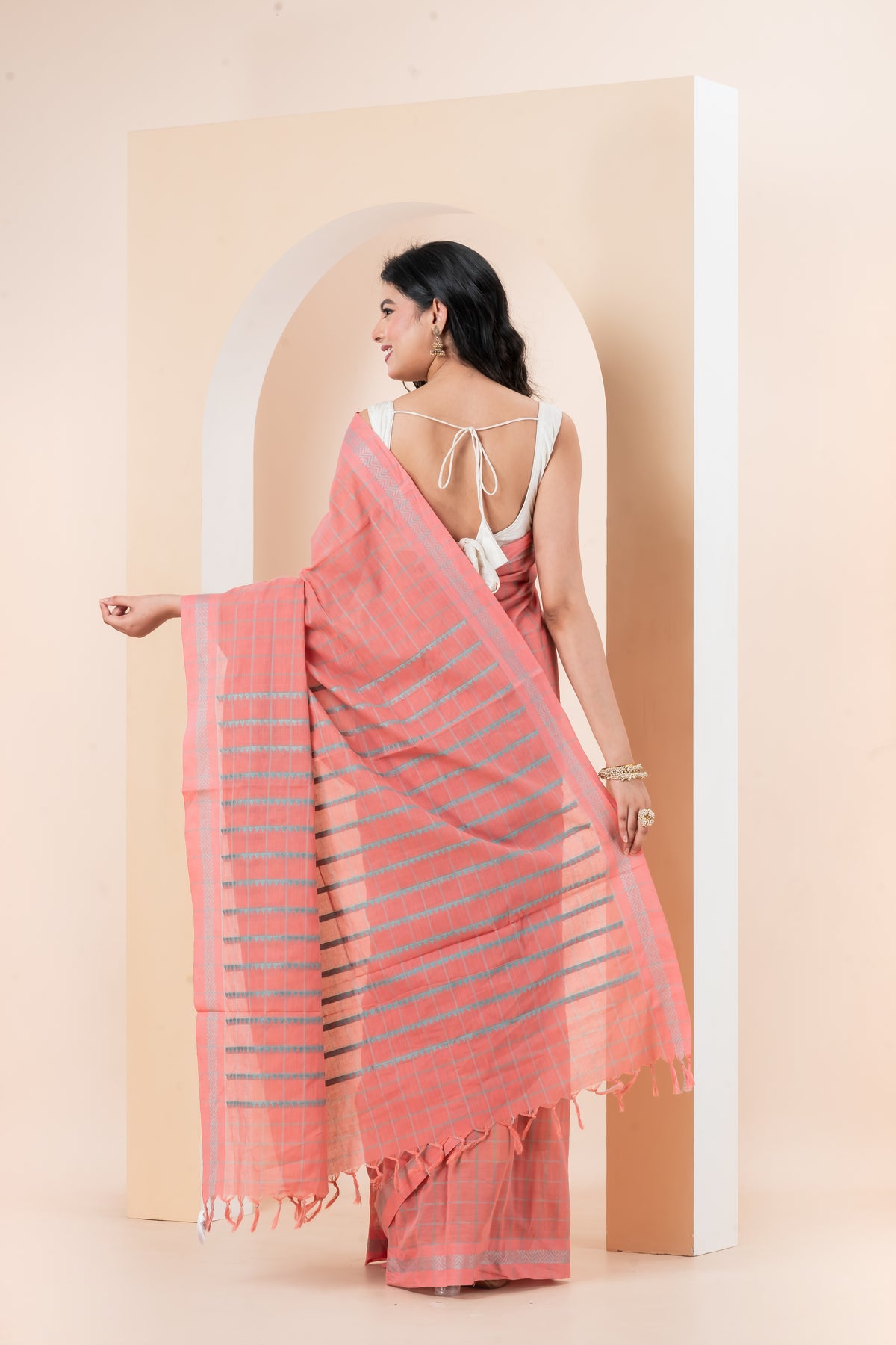 Peach-Pink Striped Begumpuri Pure Cotton Saree
