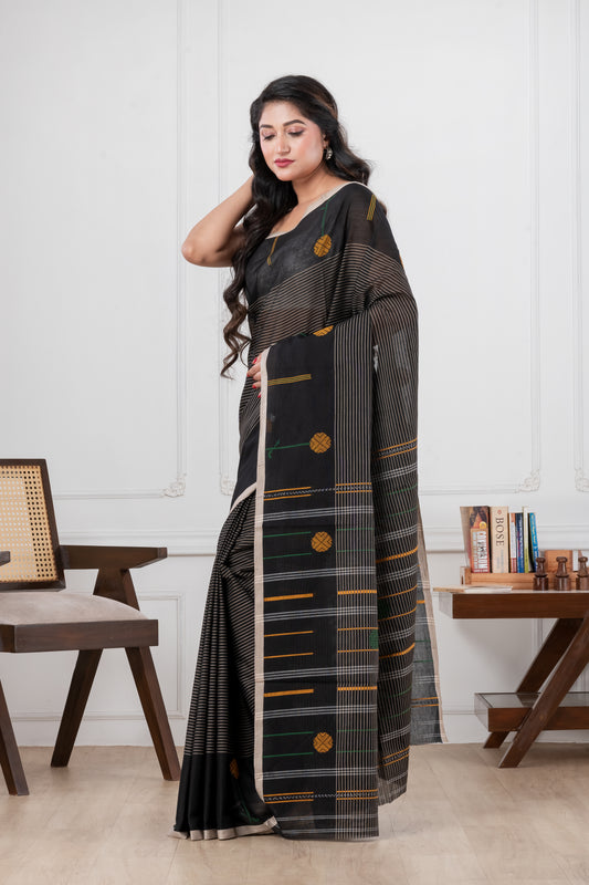 Black - Dhonekhali Pure Cotton Saree