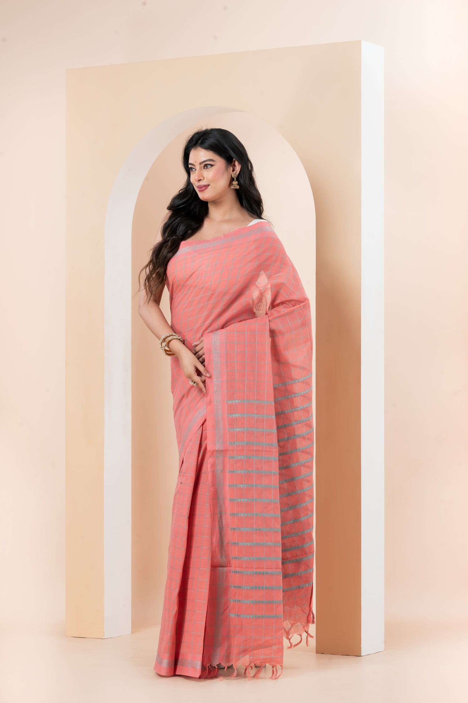 Peach-Pink Striped Begumpuri Pure Cotton Saree