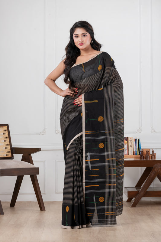 Black - Dhonekhali Pure Cotton Saree
