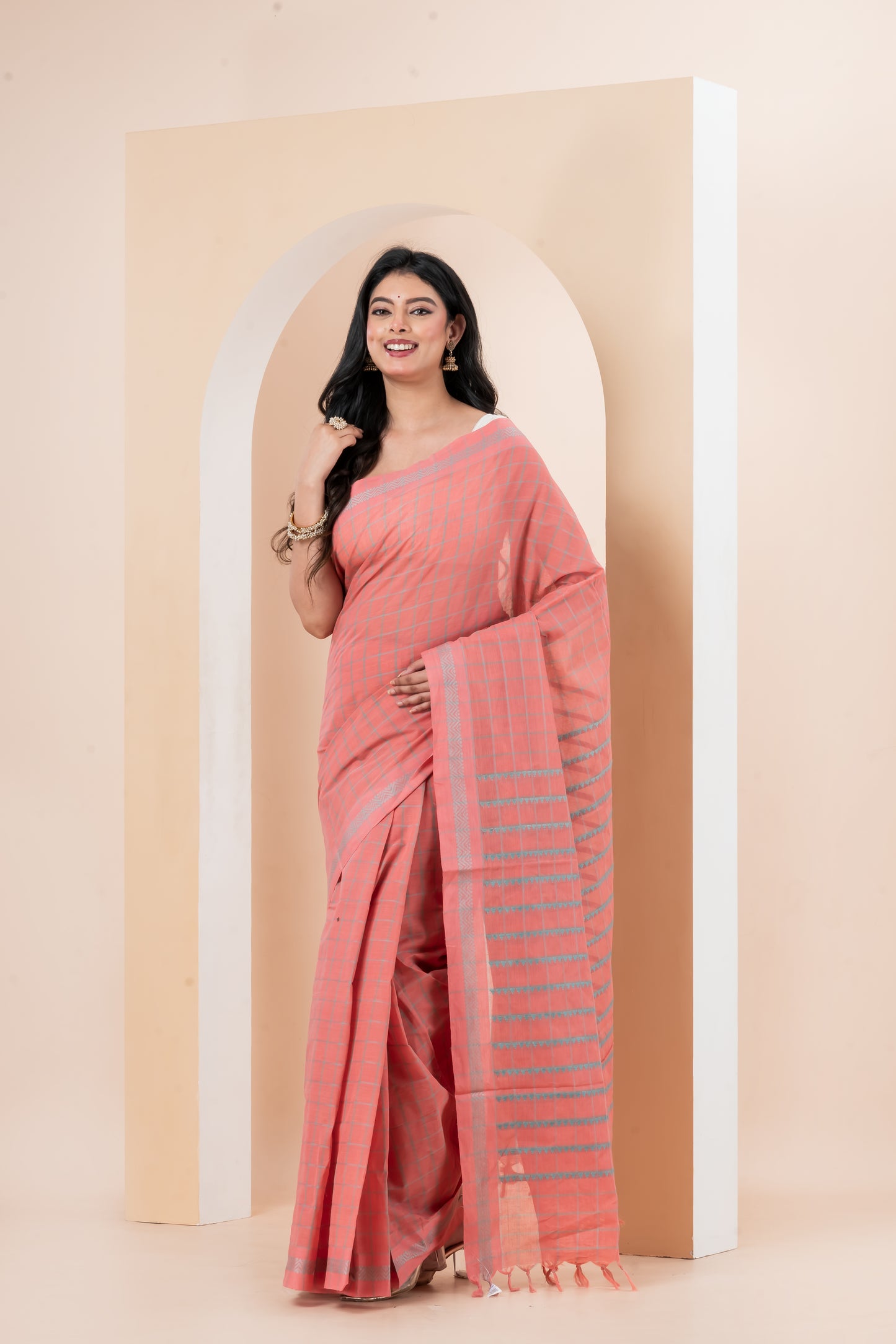 Peach-Pink Striped Begumpuri Pure Cotton Saree