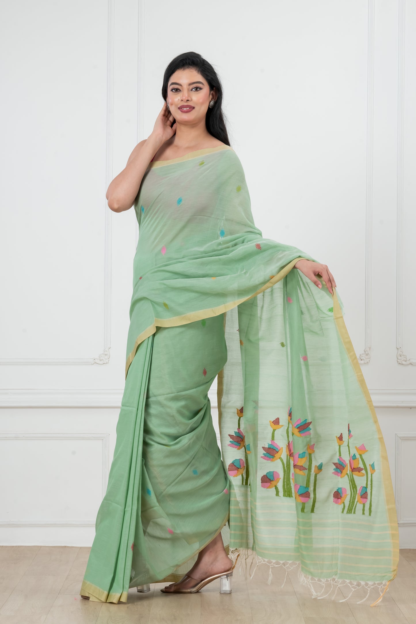 Green Saree Pure Cotton  Handwoven  meddle  work Jamdani Saree