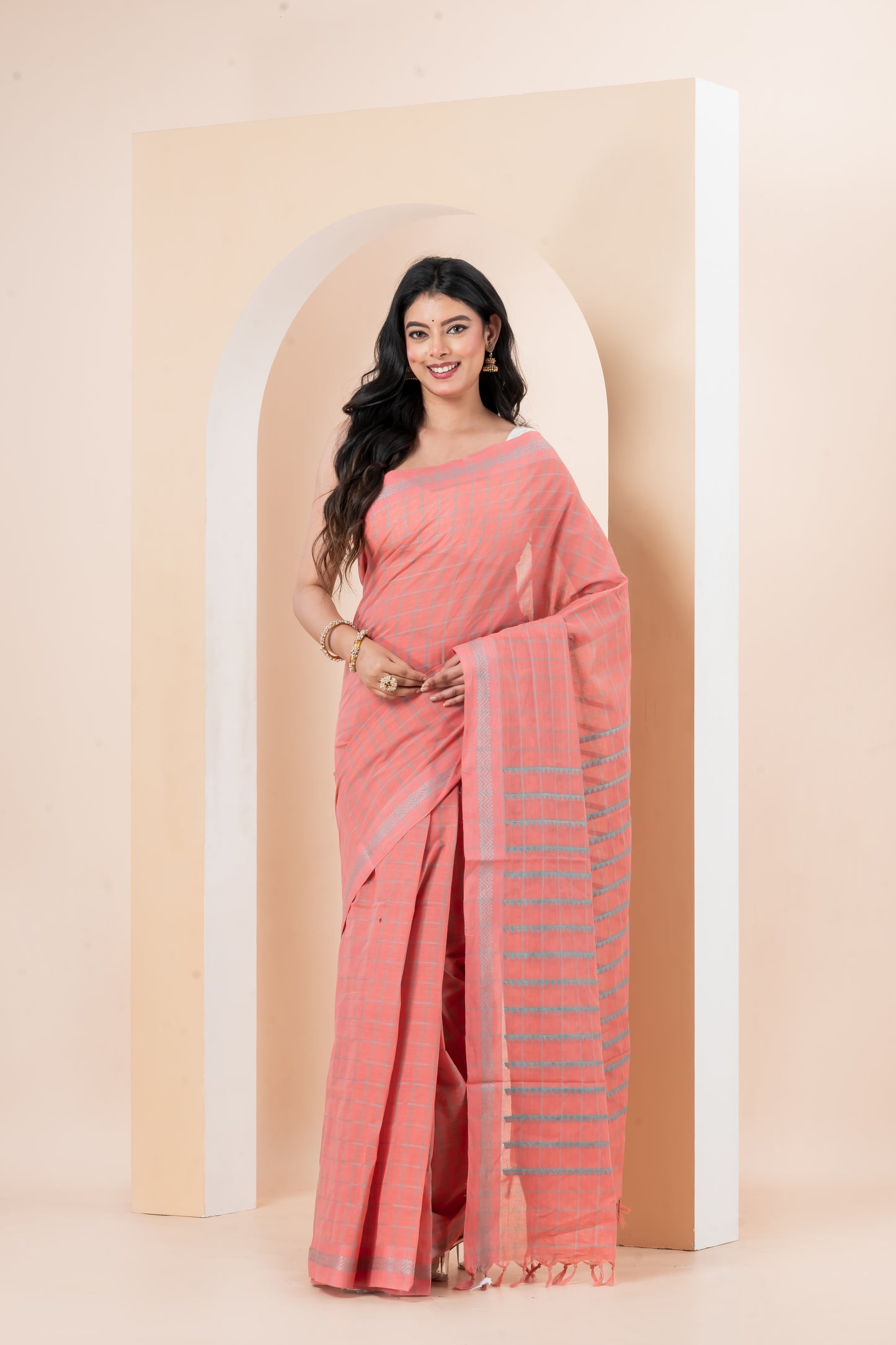 Peach-Pink Striped Begumpuri Pure Cotton Saree