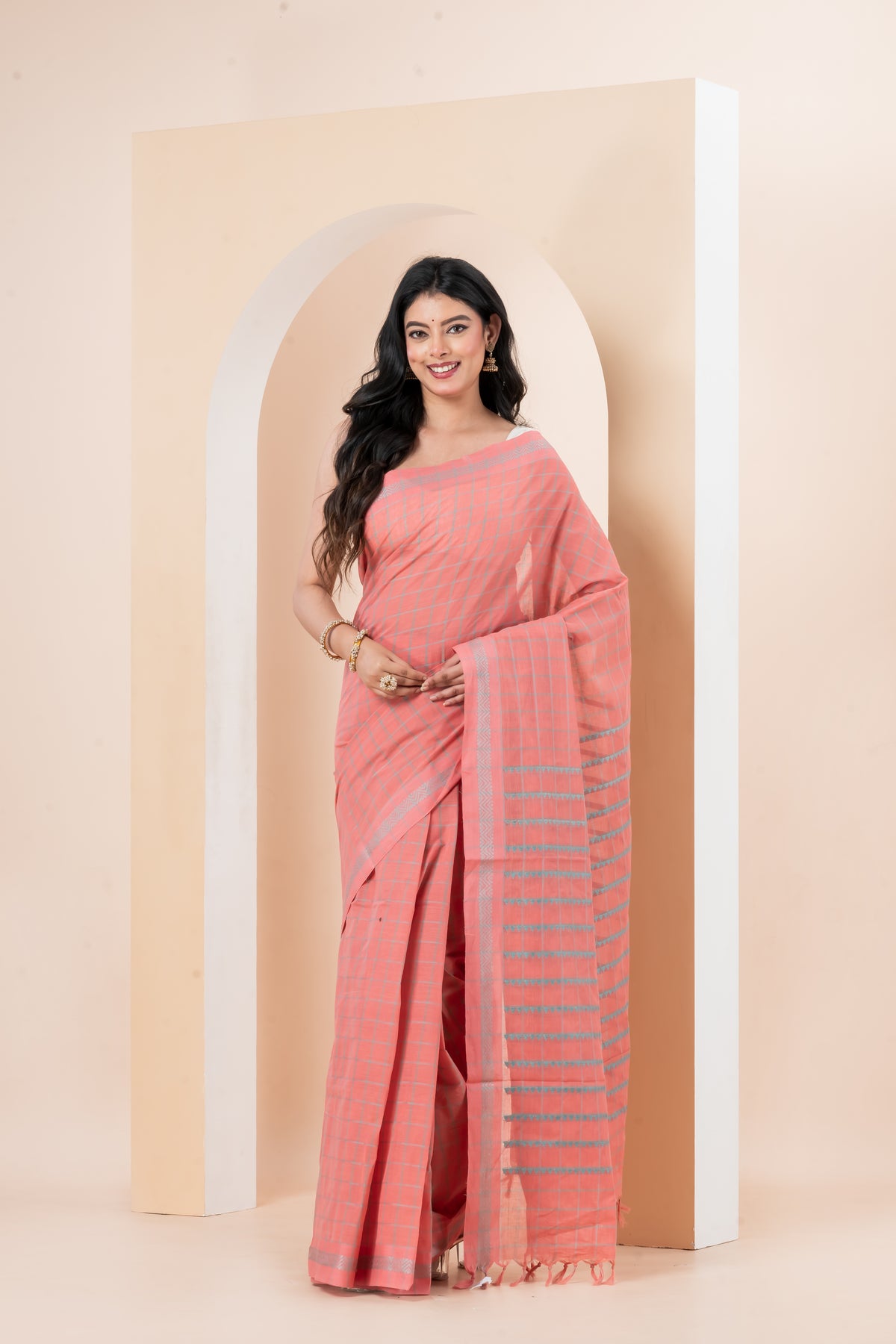 Peach-Pink Striped Begumpuri Pure Cotton Saree
