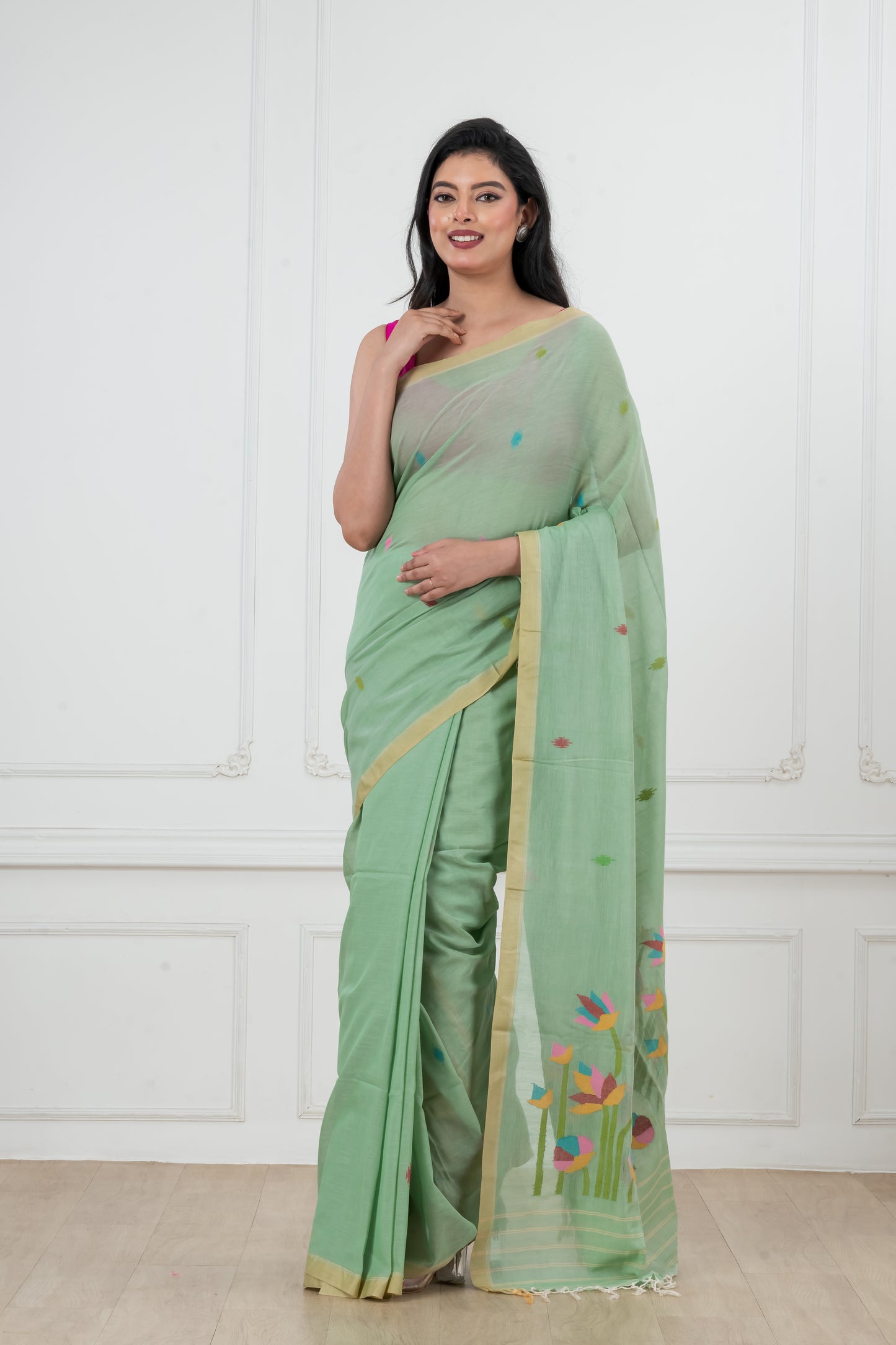 Green Saree Pure Cotton  Handwoven  meddle  work Jamdani Saree