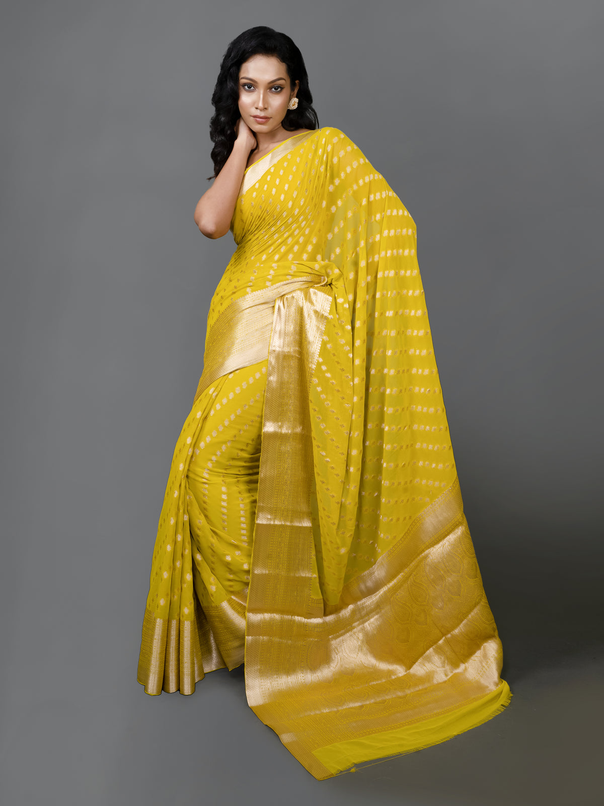 Lemon Yellow Fancy Chiffon Banarasi Saree
