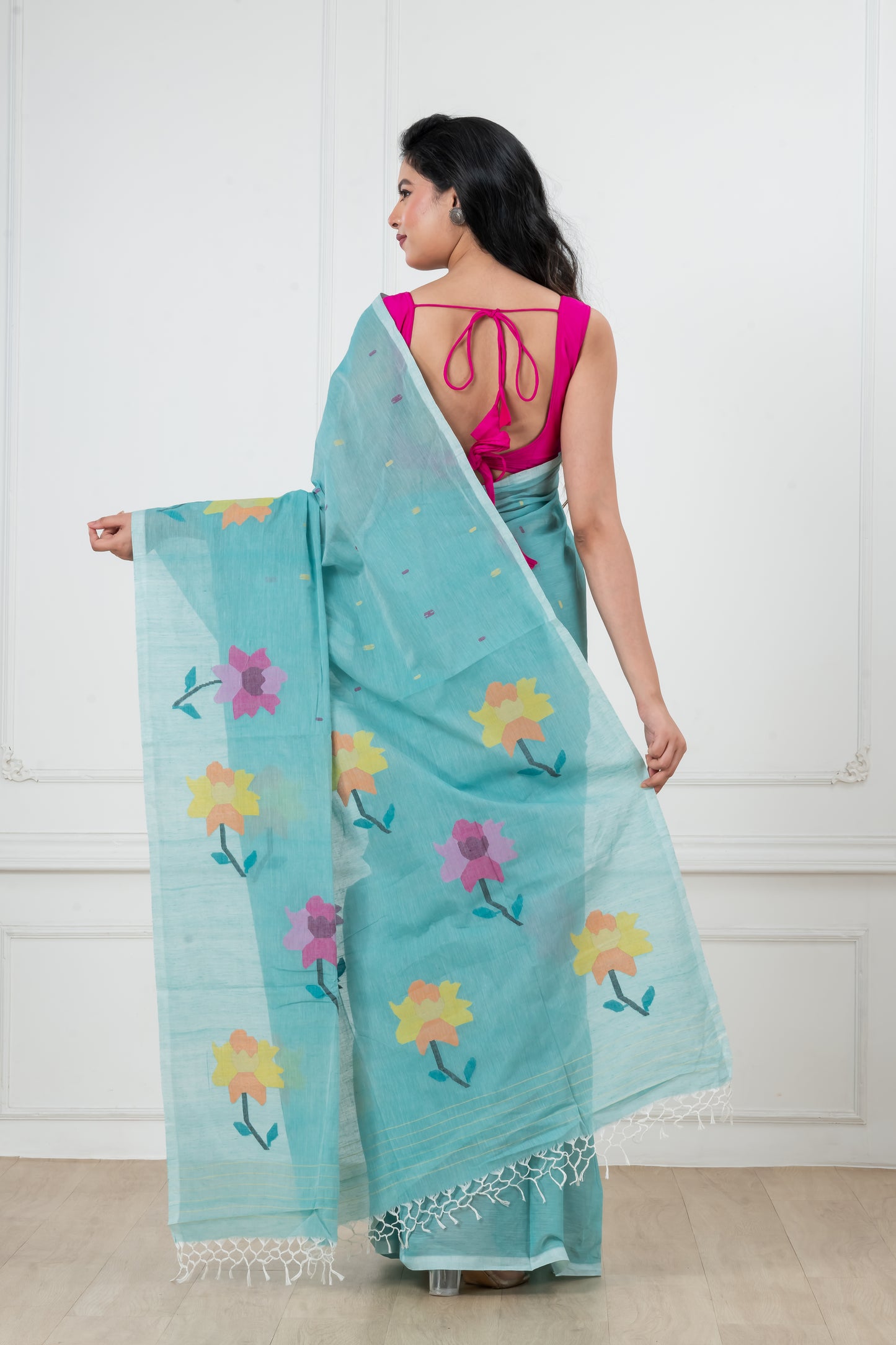 Blue Pure Cotton  Handwoven  meddle  work Jamdani Saree
