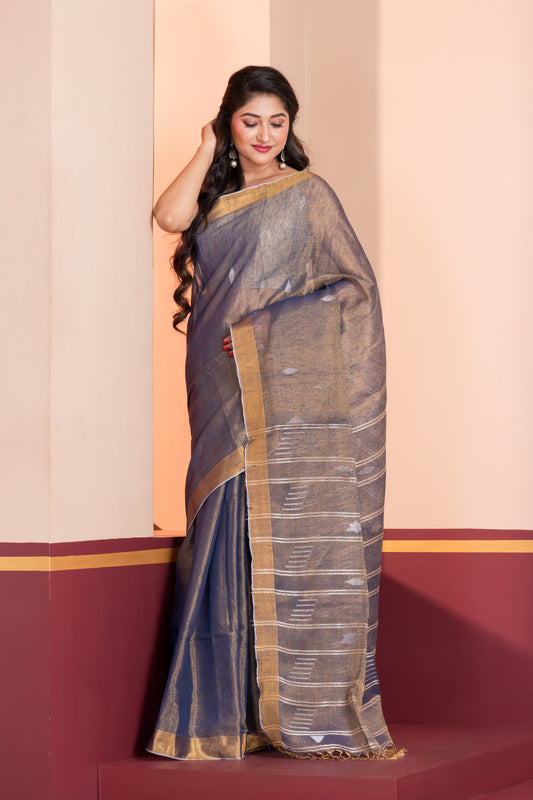 Grey - Linen Tissue Jamsani Saree