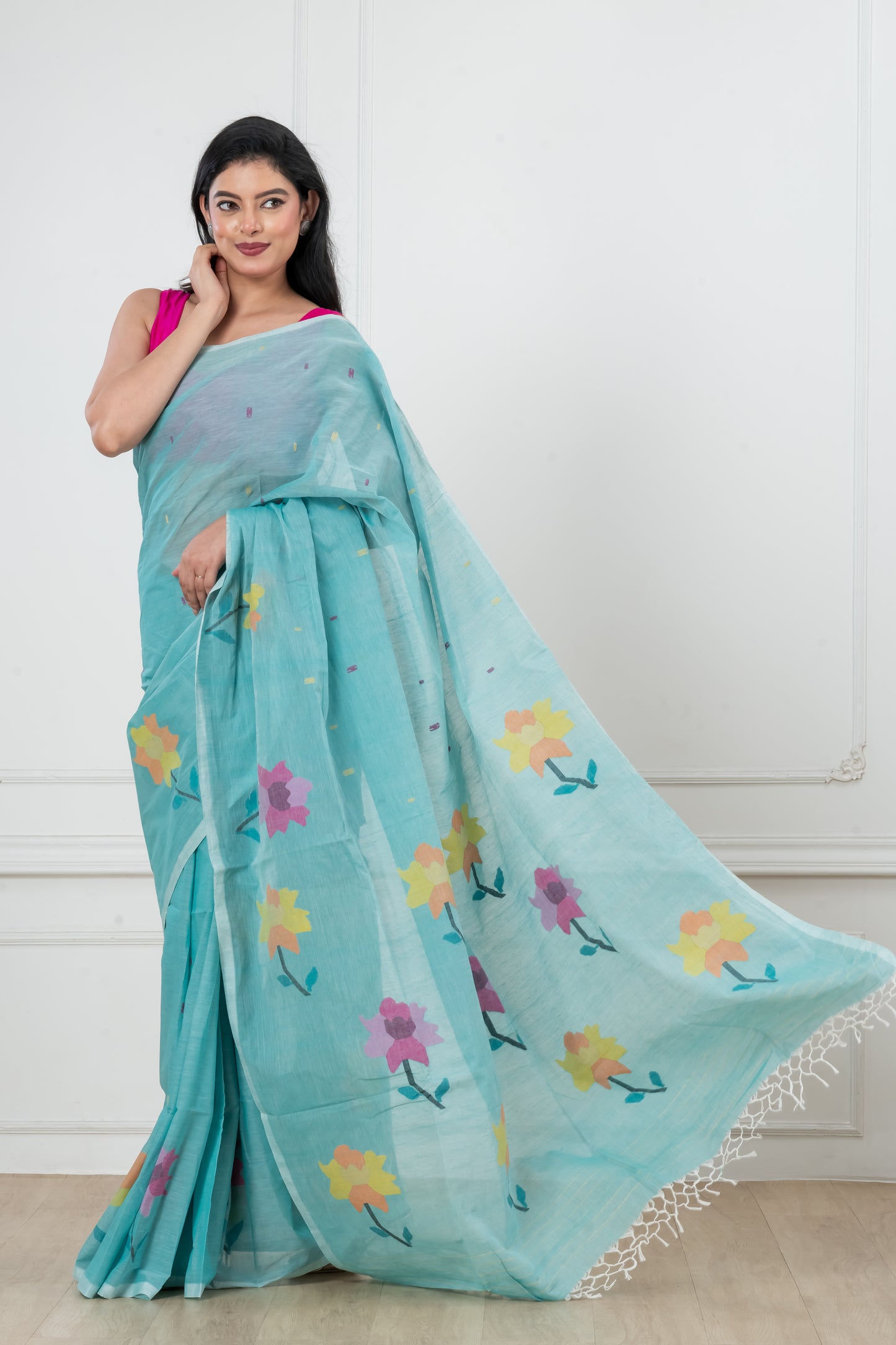 Blue Pure Cotton  Handwoven  meddle  work Jamdani Saree