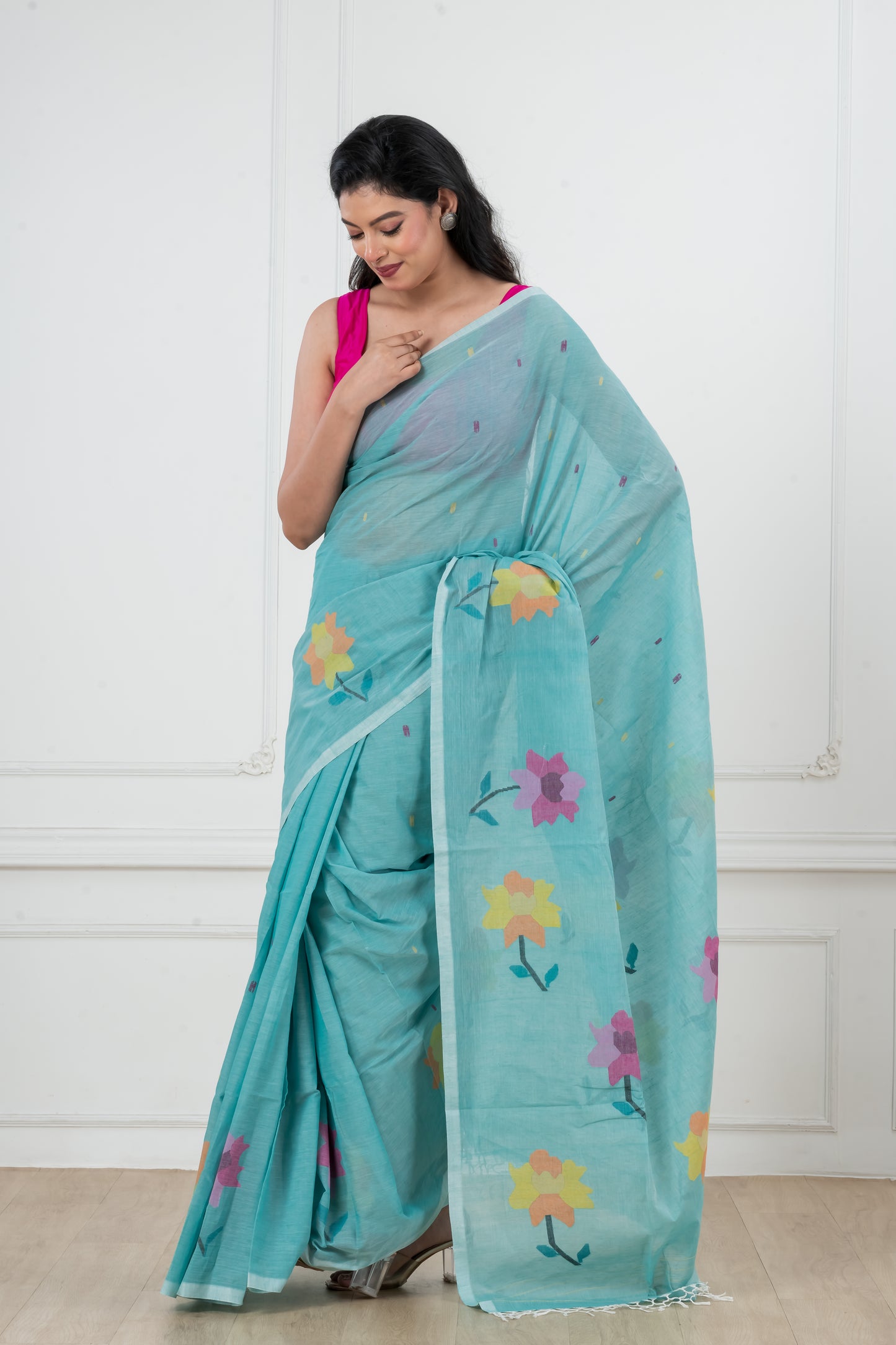 Blue Pure Cotton  Handwoven  meddle  work Jamdani Saree