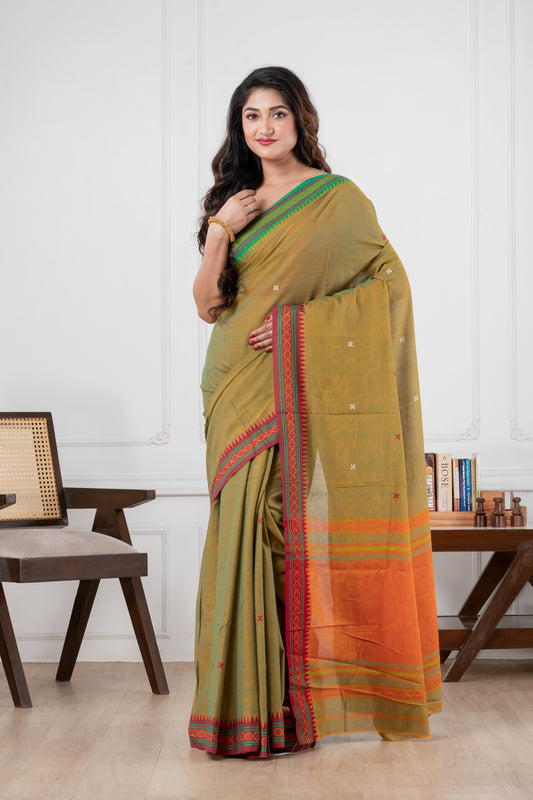 Pakhna  Mehendi  Green pure cotton Dhonekhali saree in dual tone