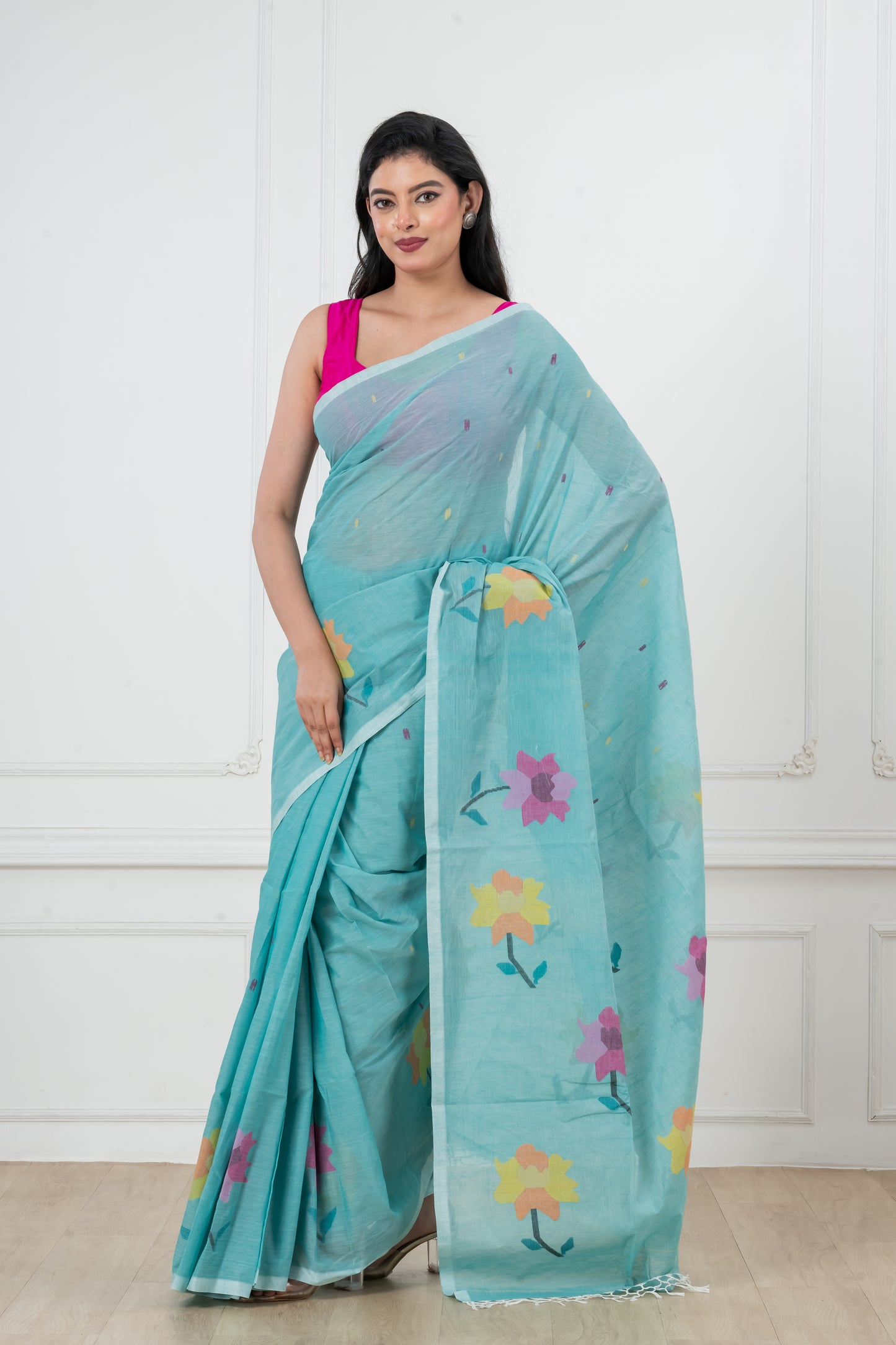 Blue Pure Cotton  Handwoven  meddle  work Jamdani Saree