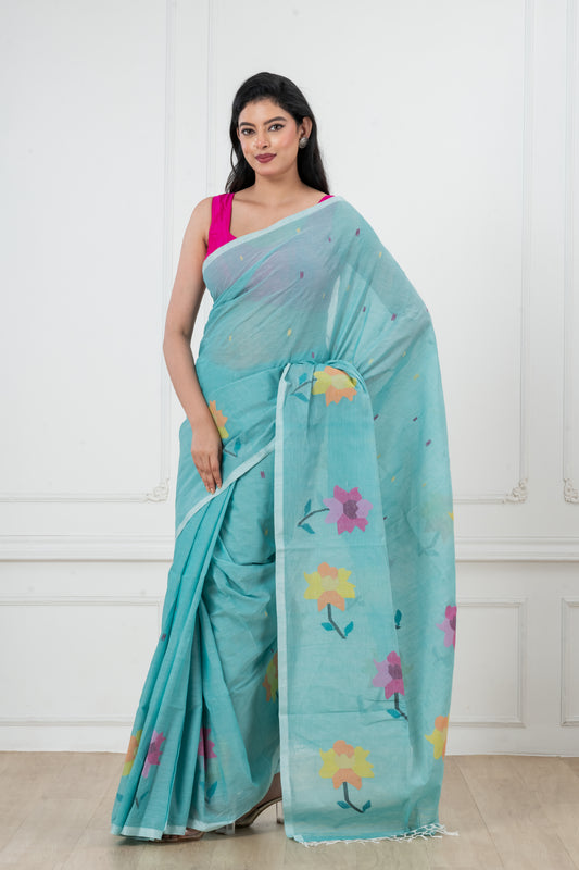 Blue Pure Cotton  Handwoven  meddle  work Jamdani Saree