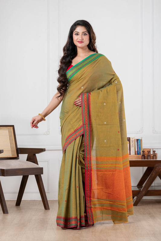 Pakhna  Mehendi  Green pure cotton Dhonekhali saree in dual tone