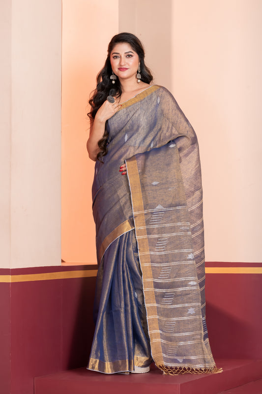 Grey - Linen Tissue Jamsani Saree