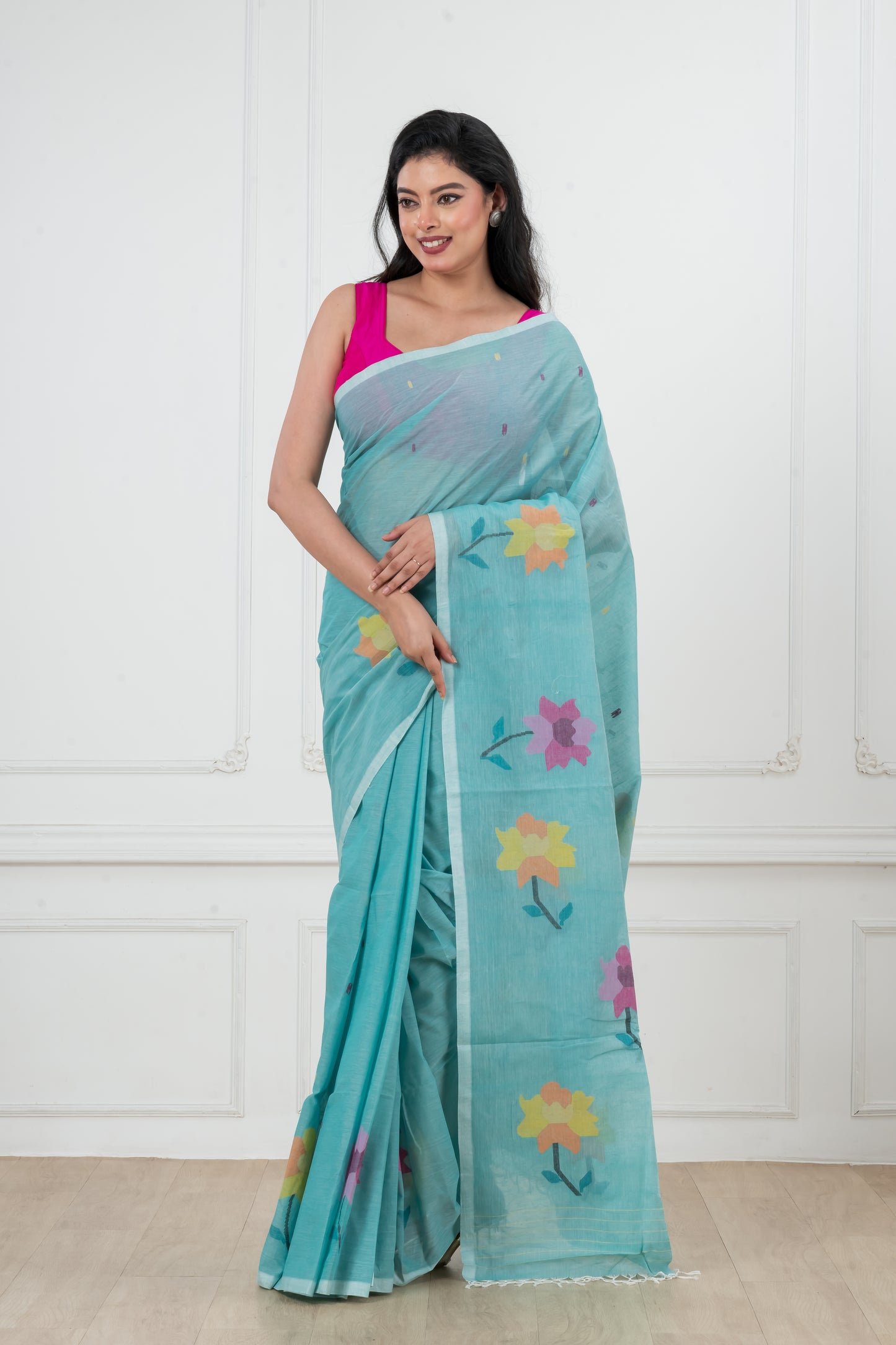Blue Pure Cotton  Handwoven  meddle  work Jamdani Saree