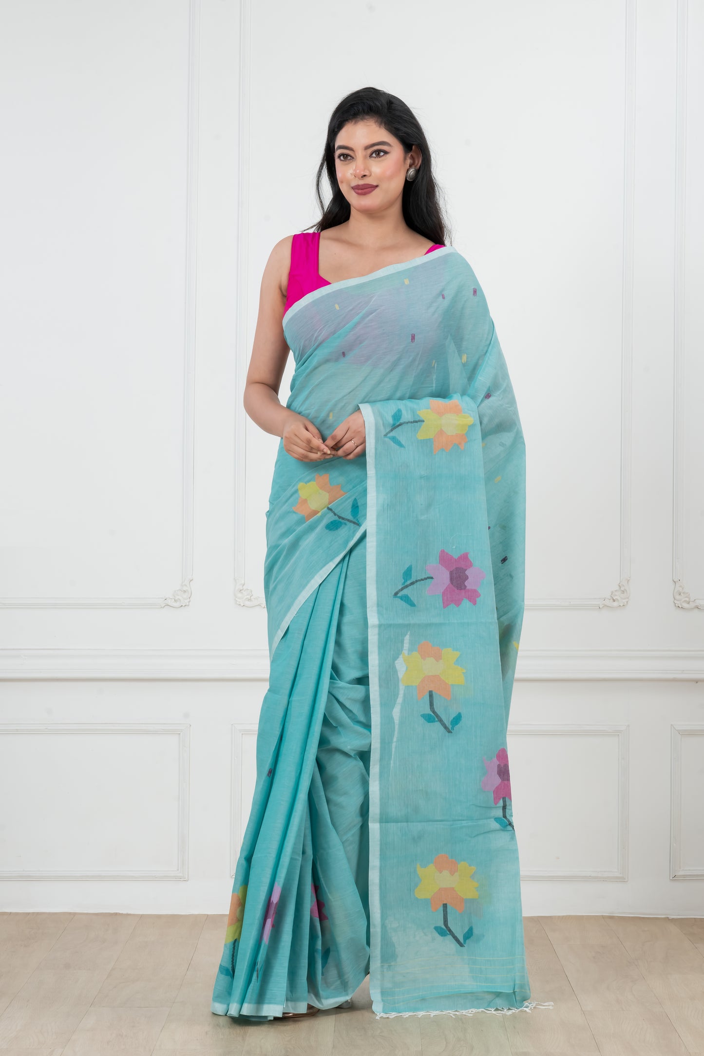 Blue Pure Cotton  Handwoven  meddle  work Jamdani Saree