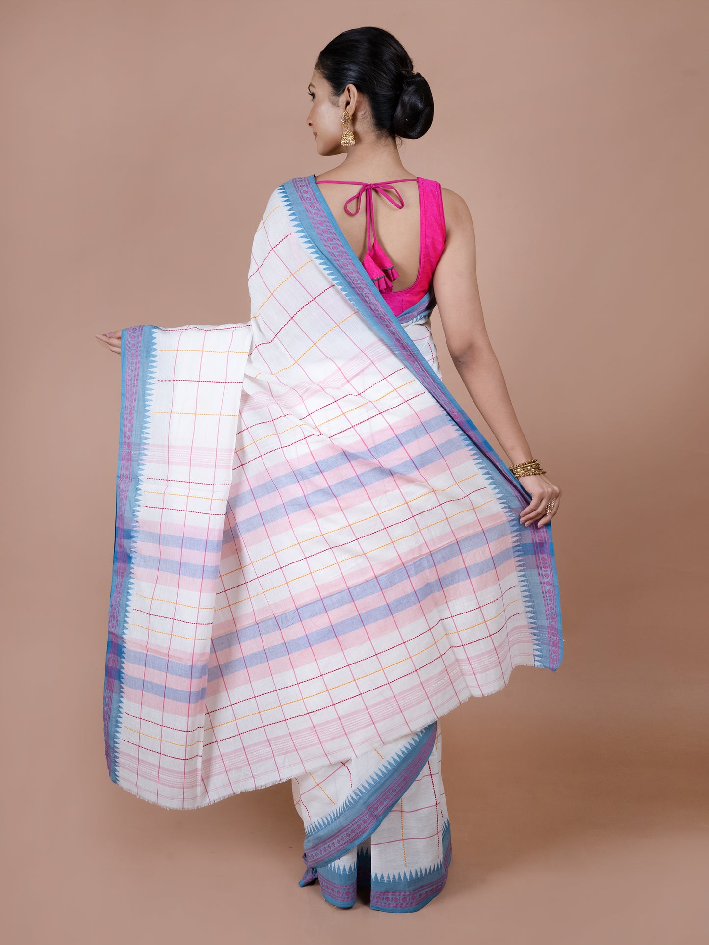 White & Sky blue Temple Border Dhonekhali Cotton Saree