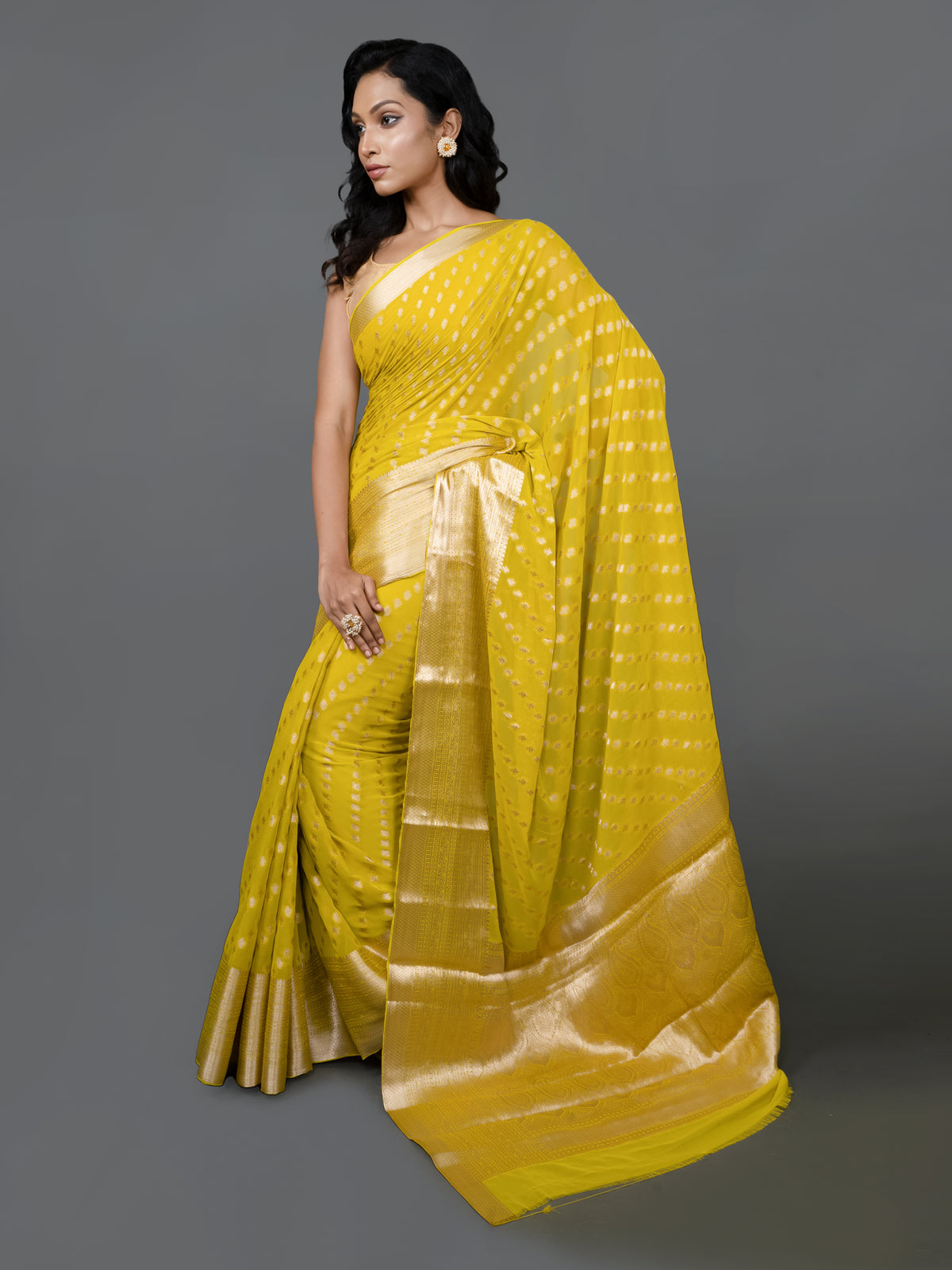 Lemon Yellow Fancy Chiffon Banarasi Saree