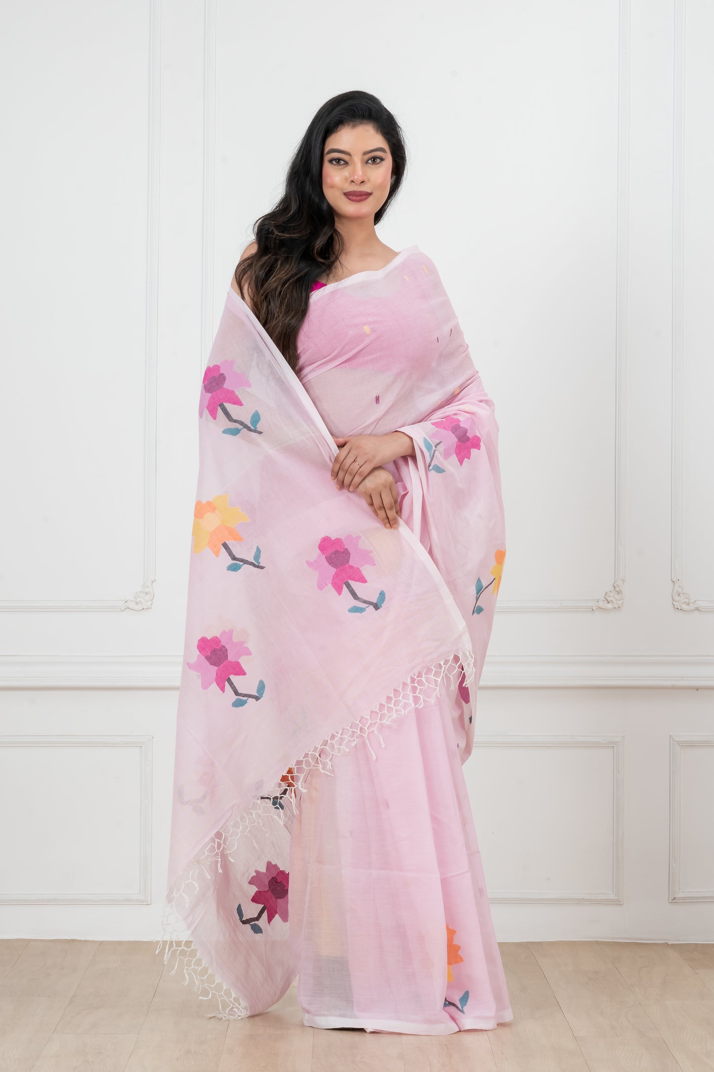 Pink Saree Pure Cotton  Handwoven  meddle  work Jamdani Saree