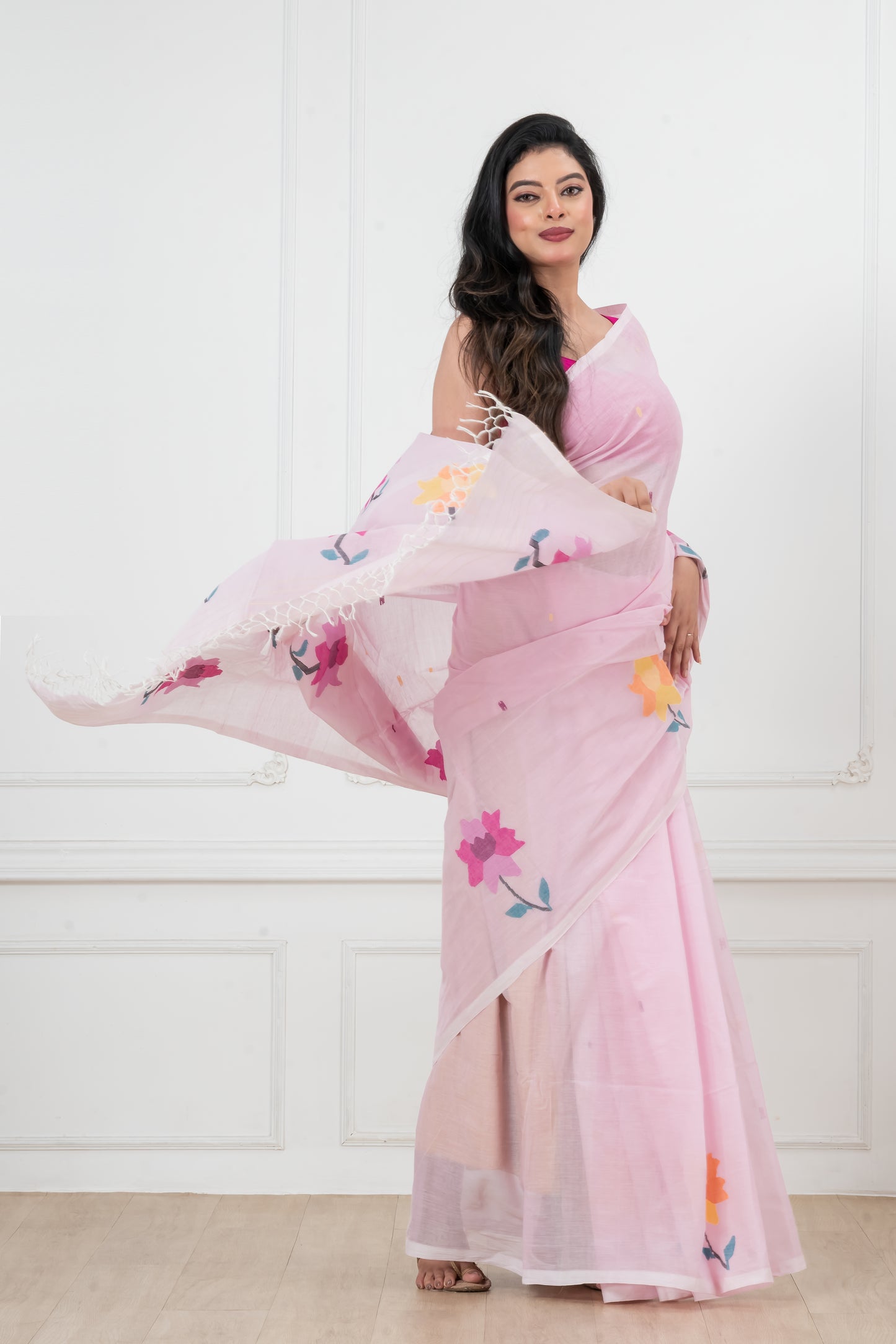 Pink Saree Pure Cotton  Handwoven  meddle  work Jamdani Saree