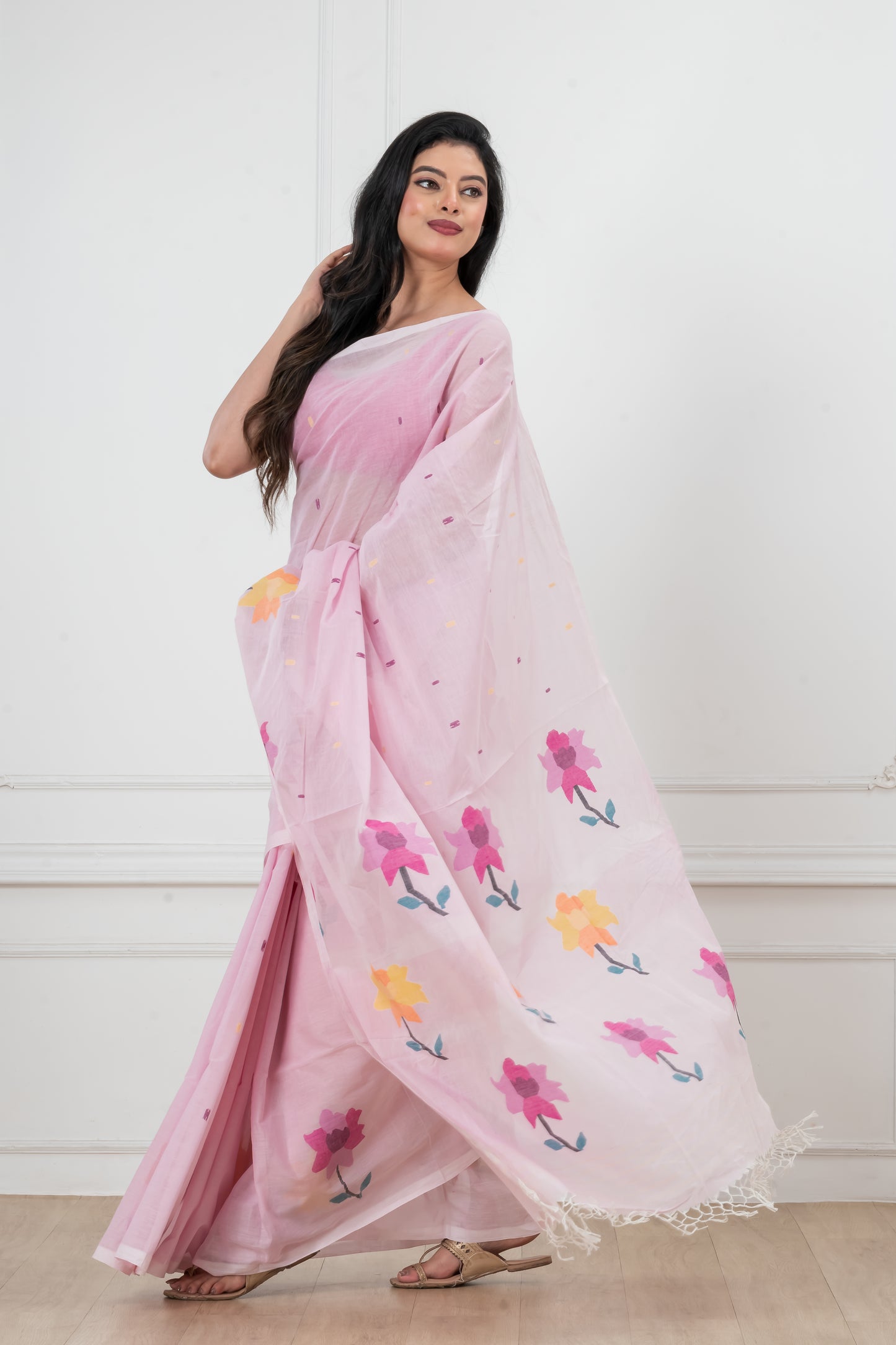 Pink Saree Pure Cotton  Handwoven  meddle  work Jamdani Saree