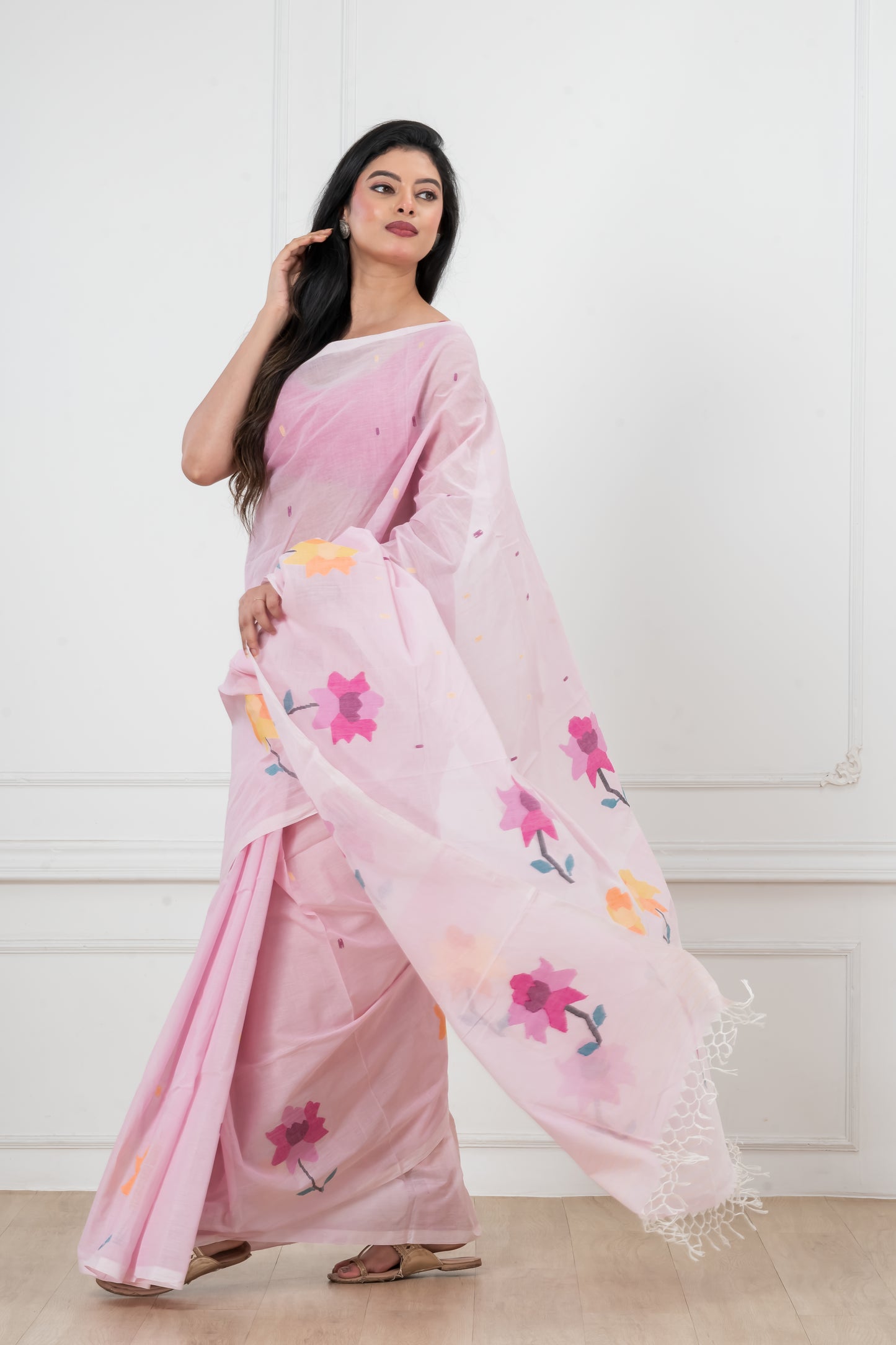 Pink Saree Pure Cotton  Handwoven  meddle  work Jamdani Saree