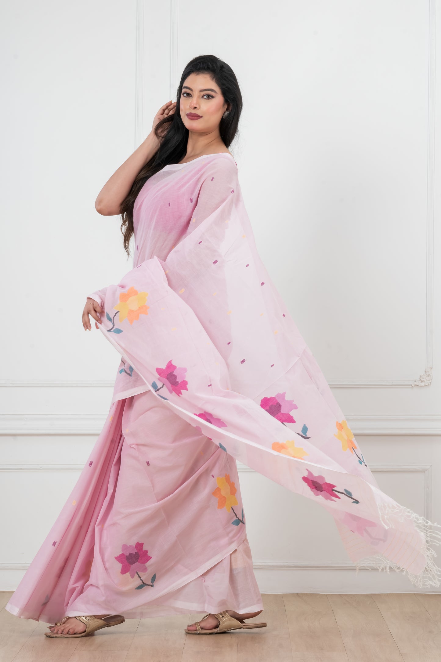 Pink Saree Pure Cotton  Handwoven  meddle  work Jamdani Saree