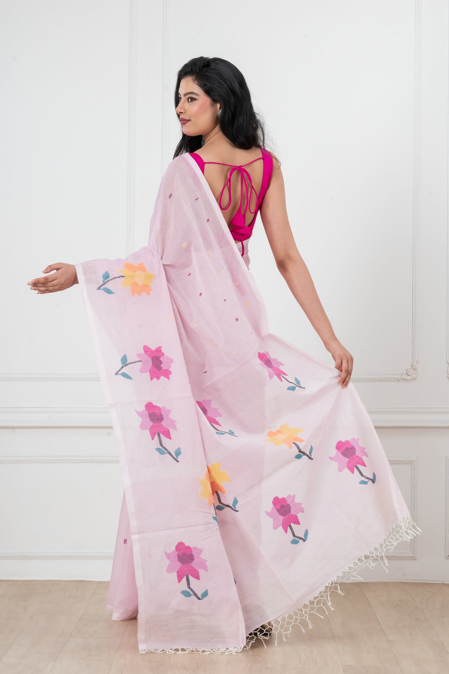 Pink Saree Pure Cotton  Handwoven  meddle  work Jamdani Saree