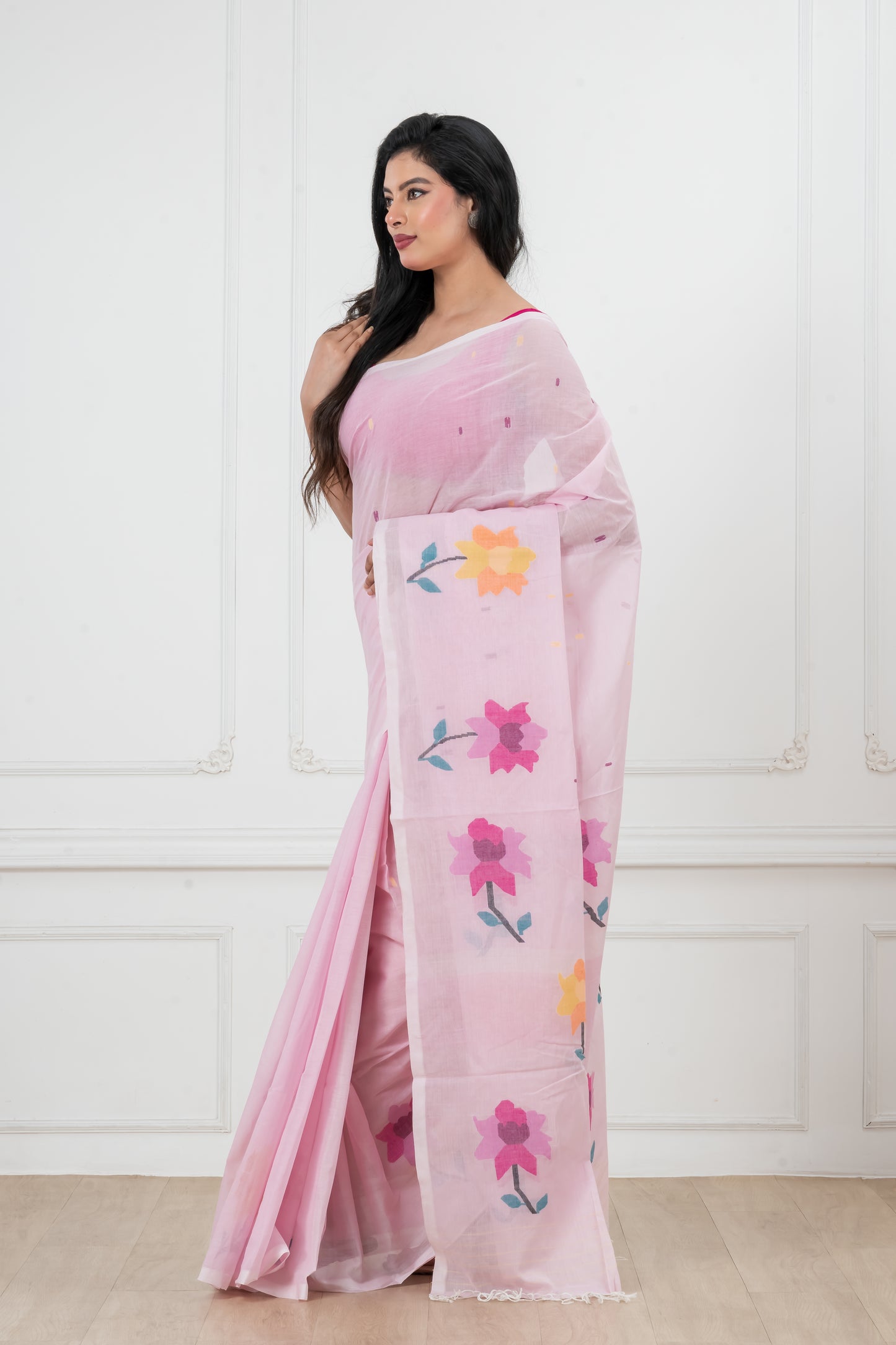 Pink Saree Pure Cotton  Handwoven  meddle  work Jamdani Saree