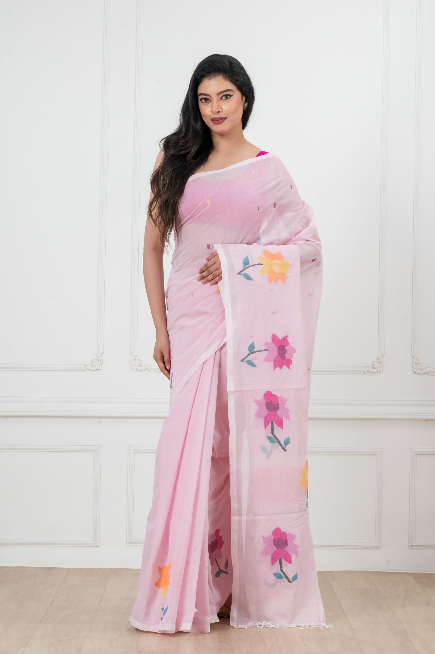 Pink Saree Pure Cotton  Handwoven  meddle  work Jamdani Saree