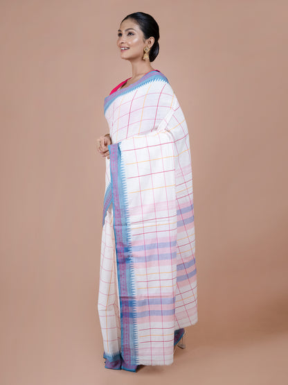 White & Sky blue Temple Border Dhonekhali Cotton Saree