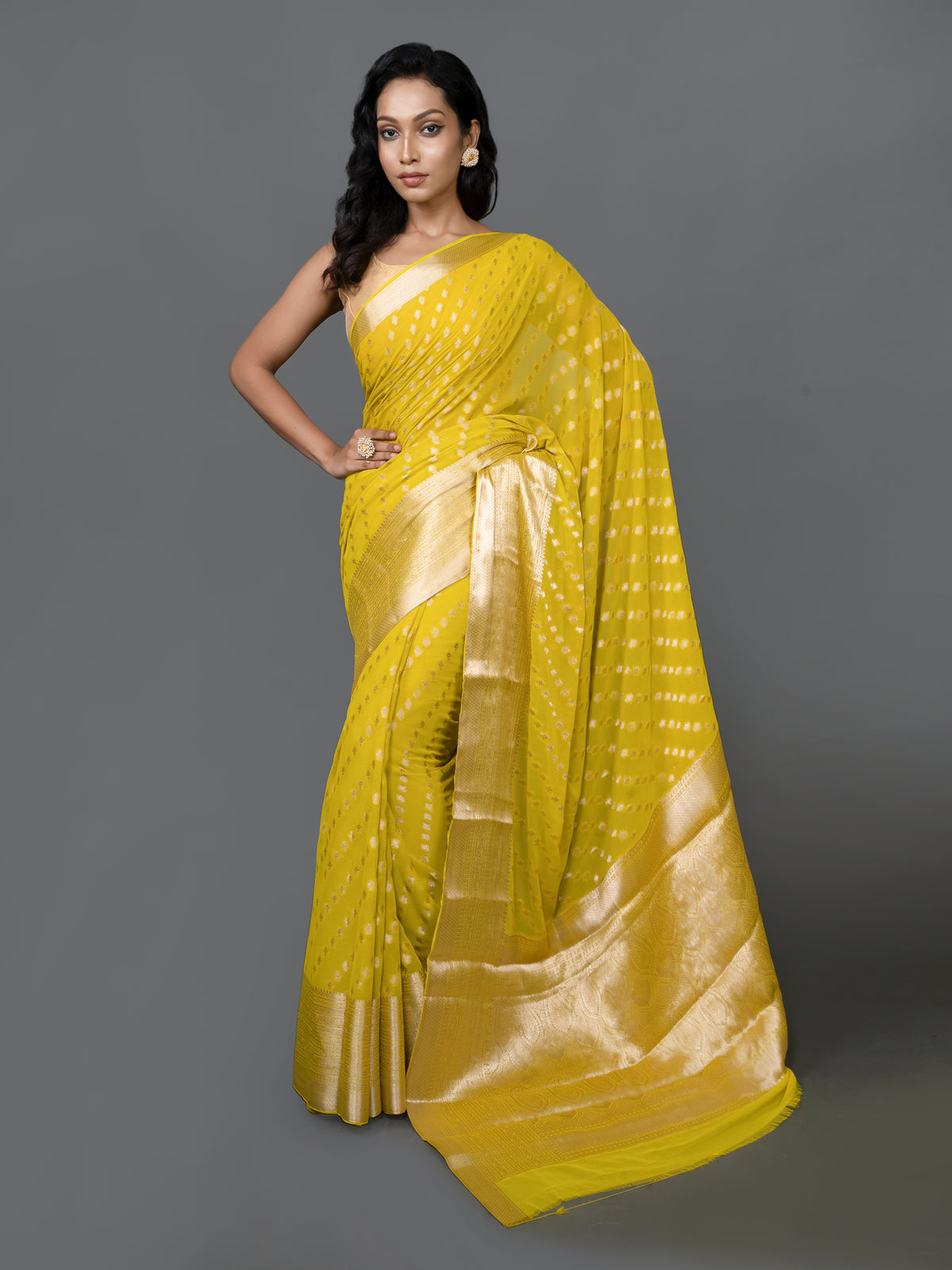 Lemon Yellow Fancy Chiffon Banarasi Saree