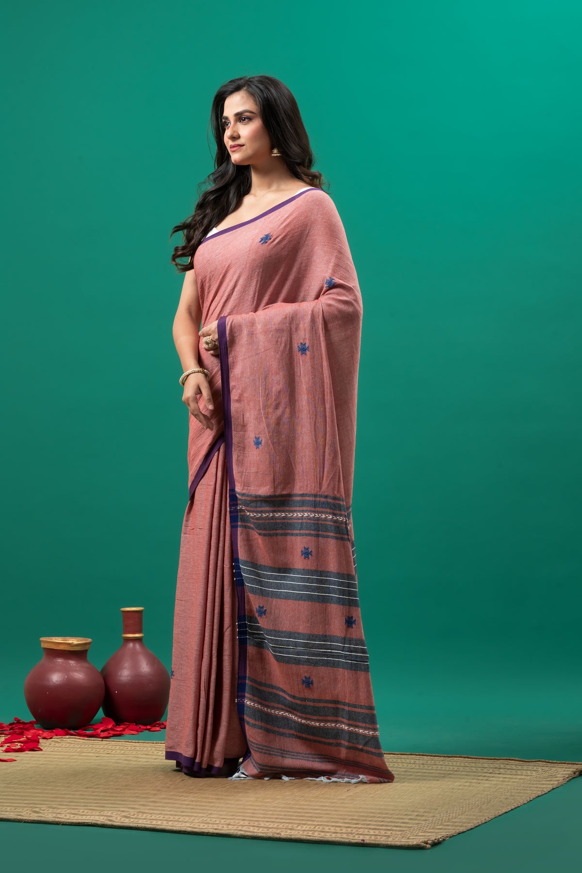 Dusky Pink Organic Cotton handwoven Dhonekhali Saree