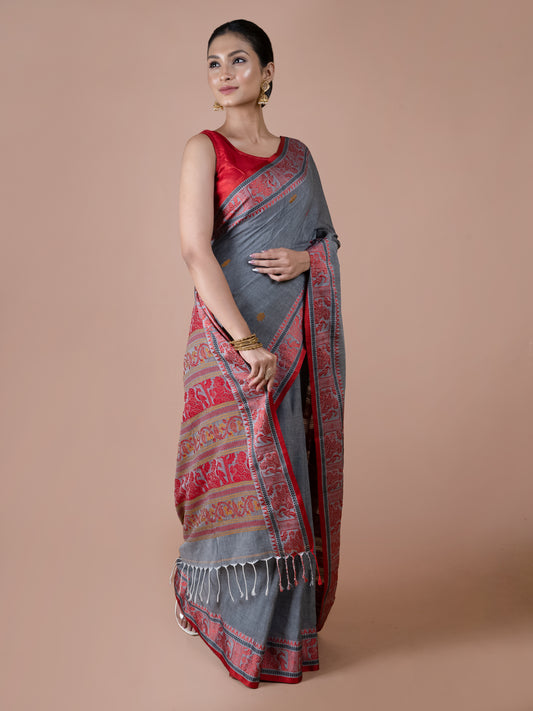 Grey Cotton Baluchuri Saree