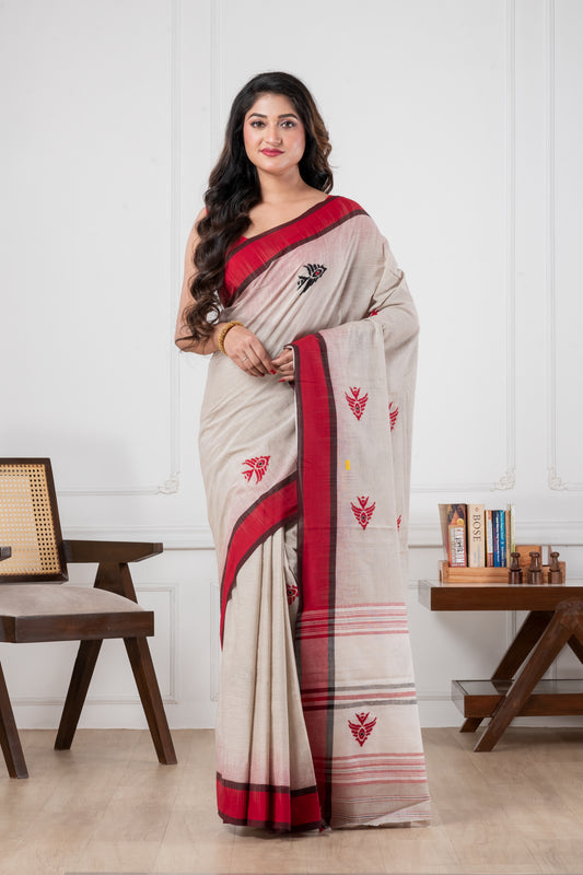Light grey - Dhonekhali Pure Cotton saree