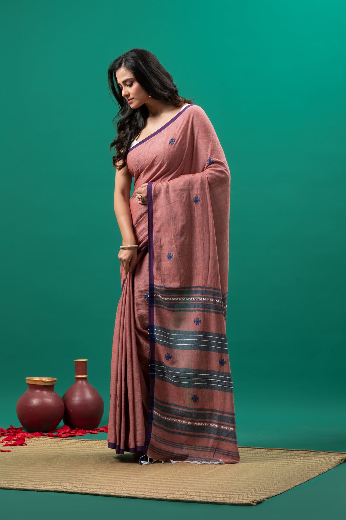 Dusky Pink Organic Cotton handwoven Dhonekhali Saree