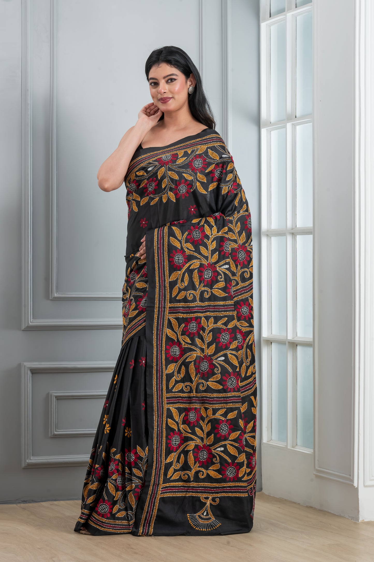 Black Hand Kantha Saree