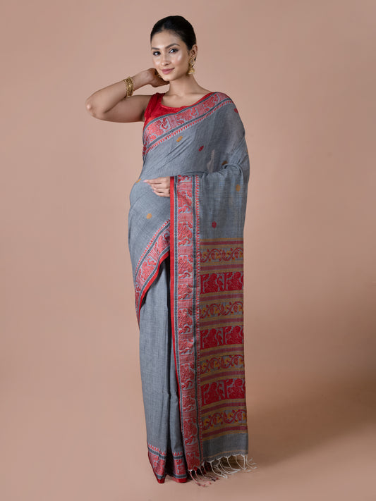 Grey Cotton Baluchuri Saree