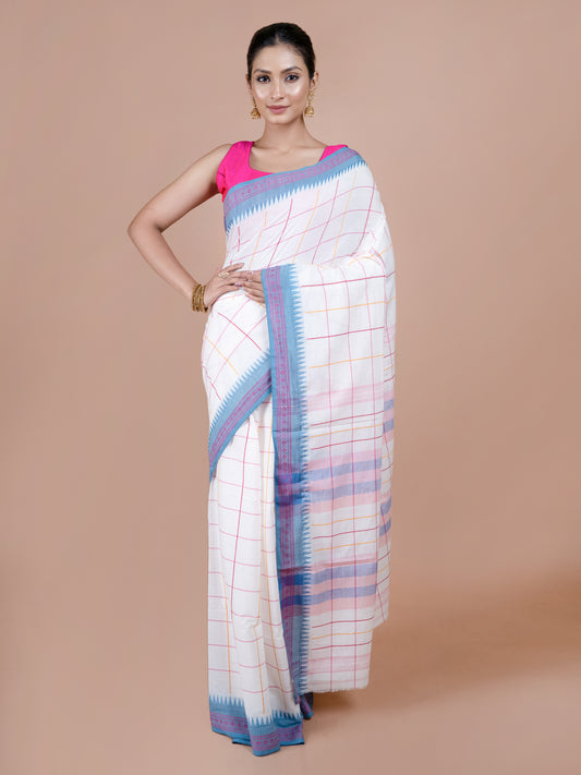 White & Sky blue Temple Border Dhonekhali Cotton Saree