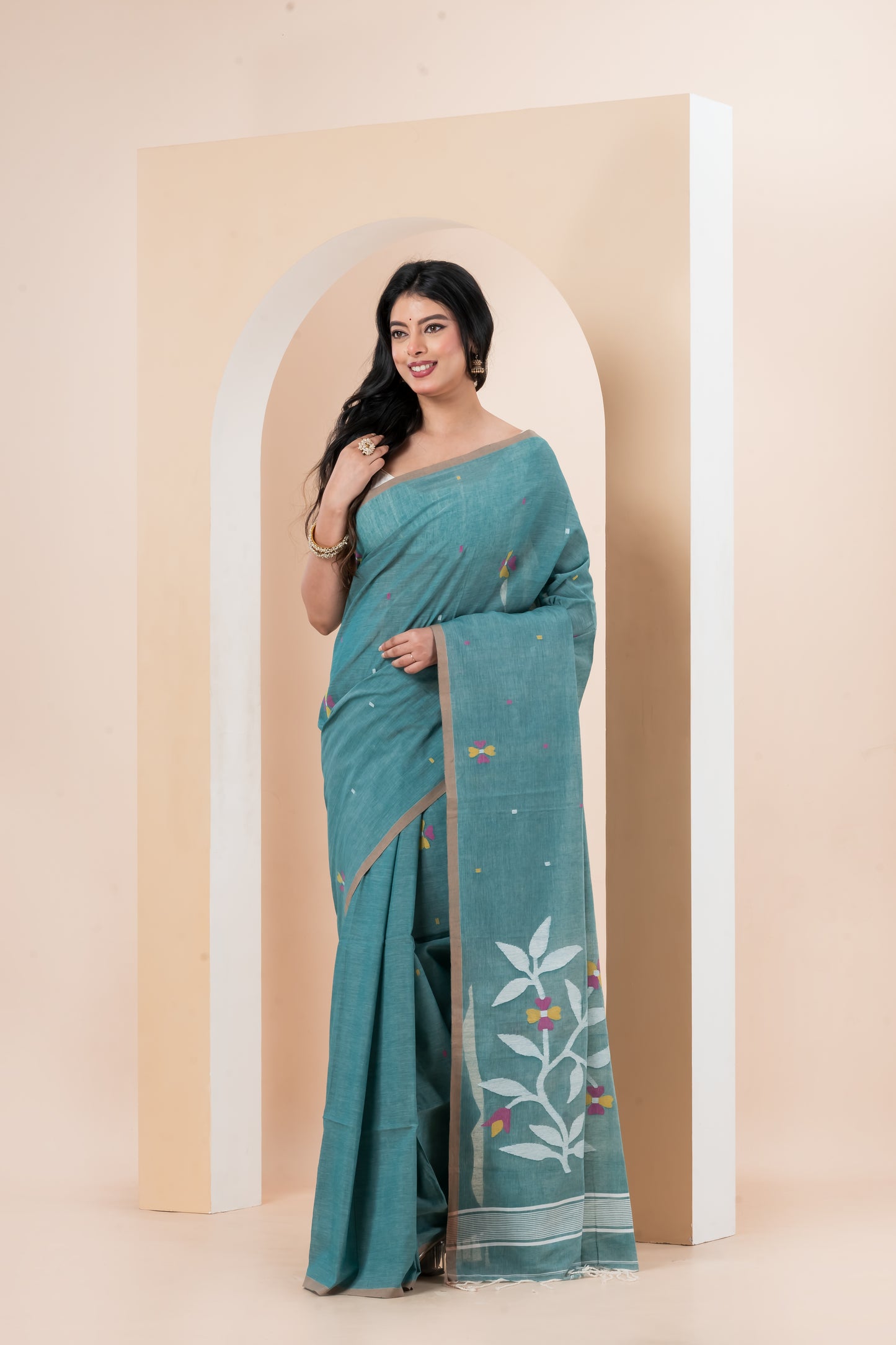 Pure Cotton Handwoven meddle work Jamdani Saree
