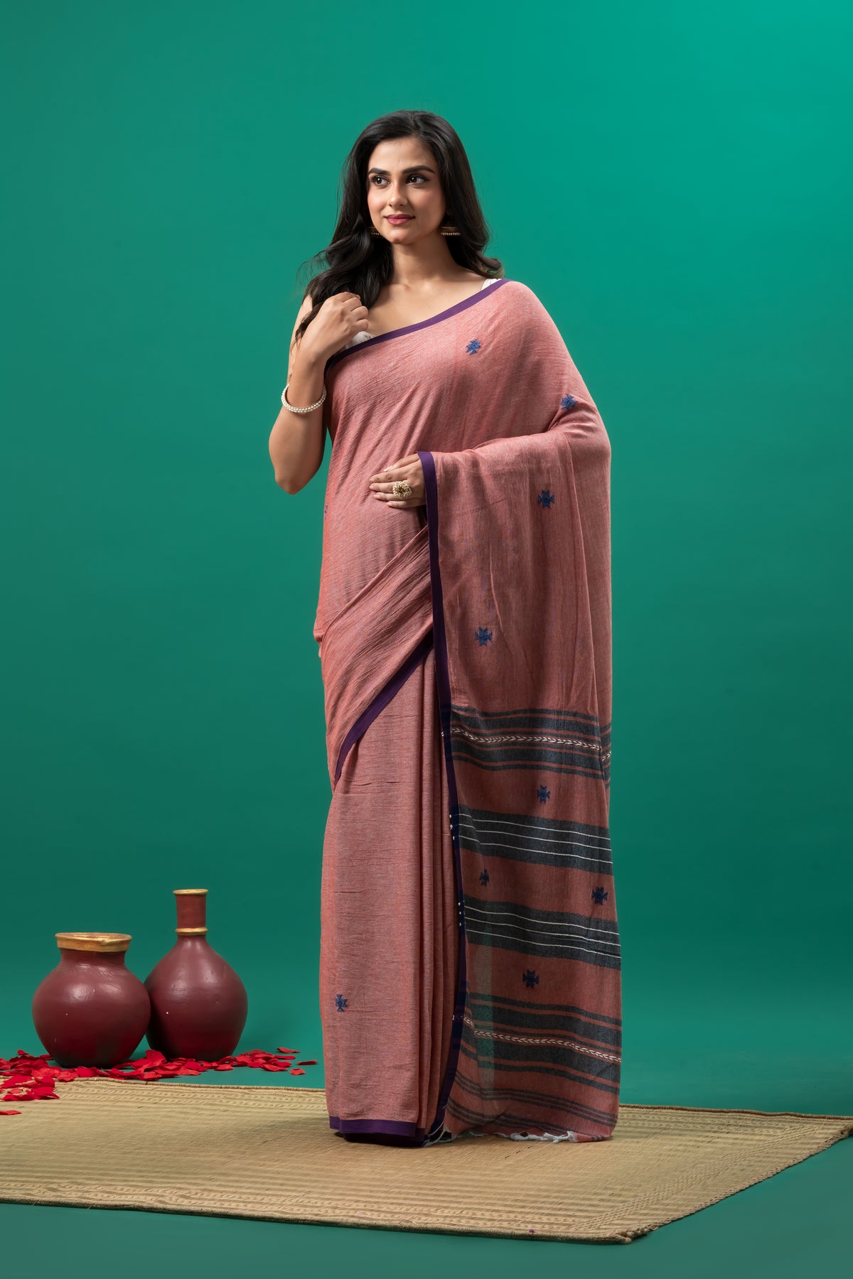 Dusky Pink Organic Cotton handwoven Dhonekhali Saree
