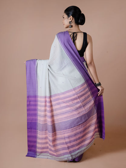 Grey and Mauve Handwoven Dhanekhali Cotton Saree