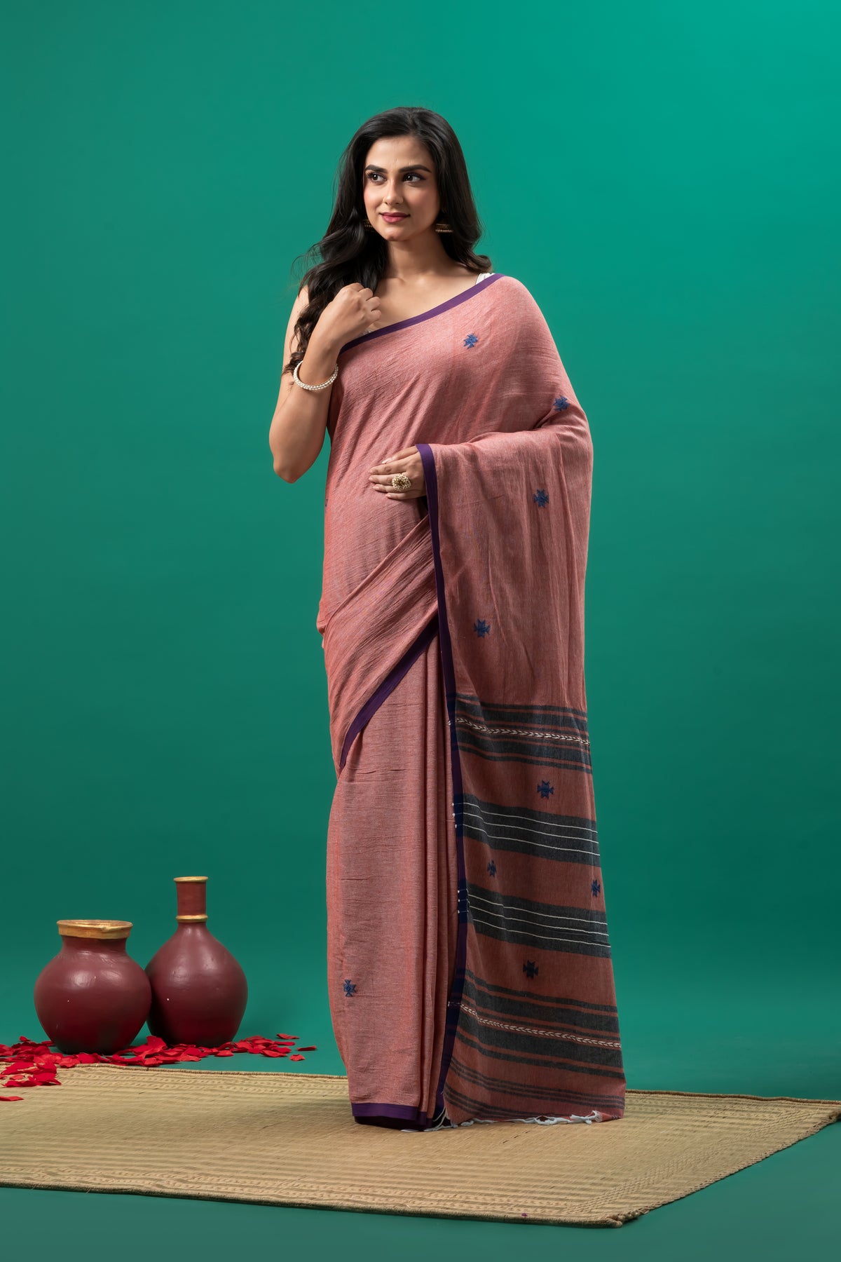 Dusky Pink Organic Cotton handwoven Dhonekhali Saree