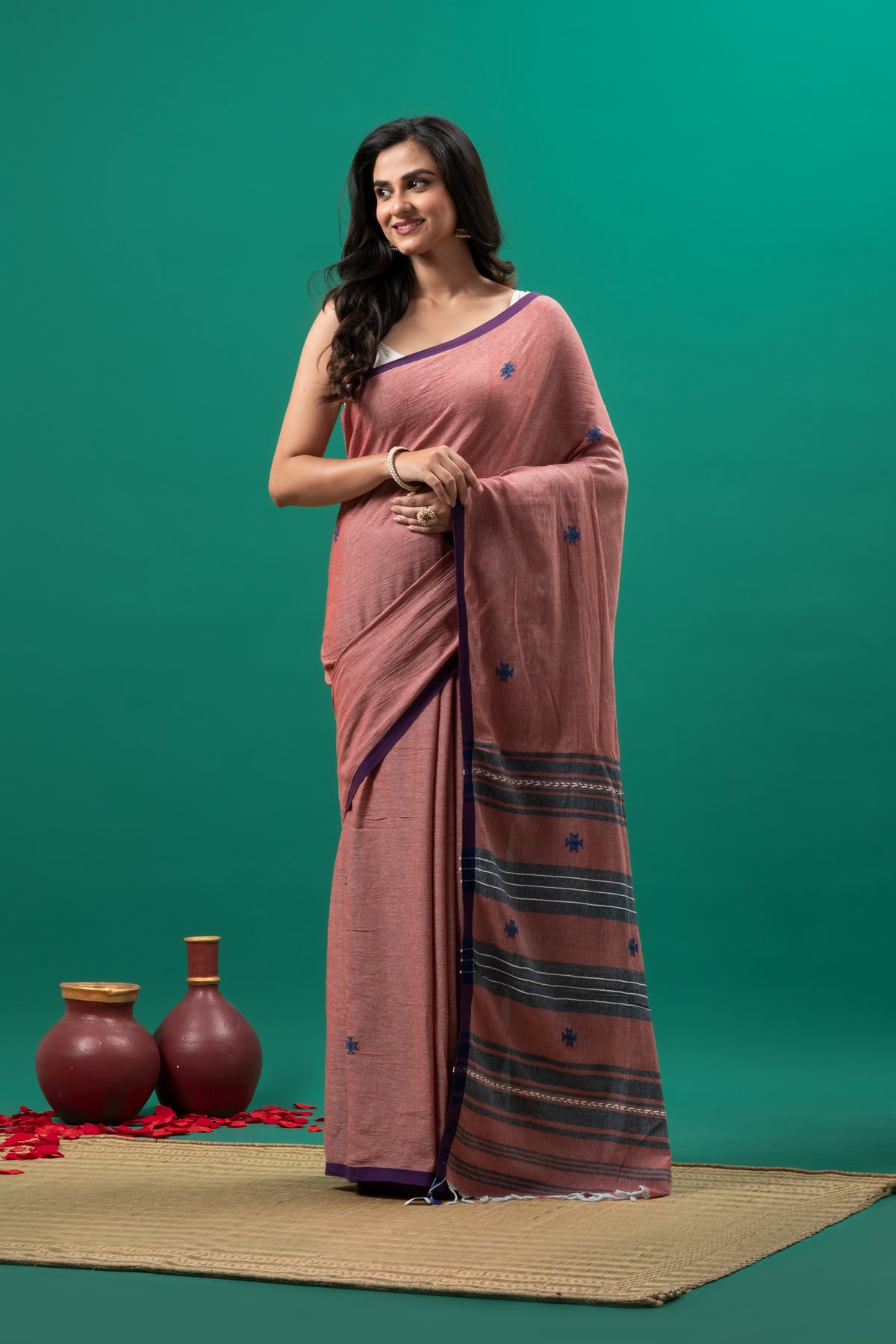 Dusky Pink Organic Cotton handwoven Dhonekhali Saree