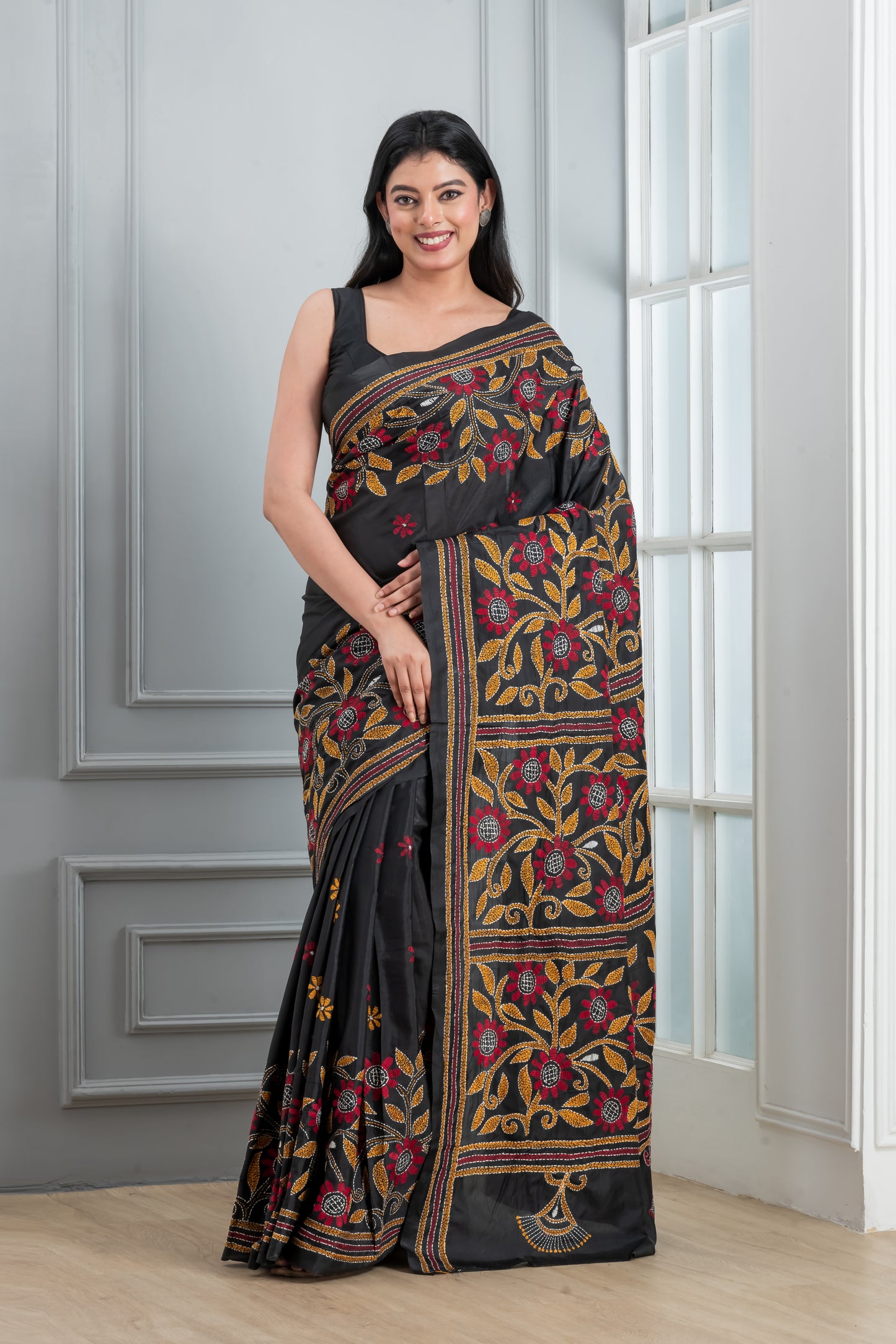 Black Hand Kantha Saree