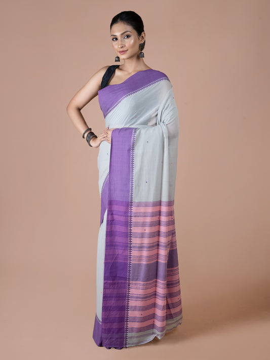 Grey and Mauve Handwoven Dhanekhali Cotton Saree