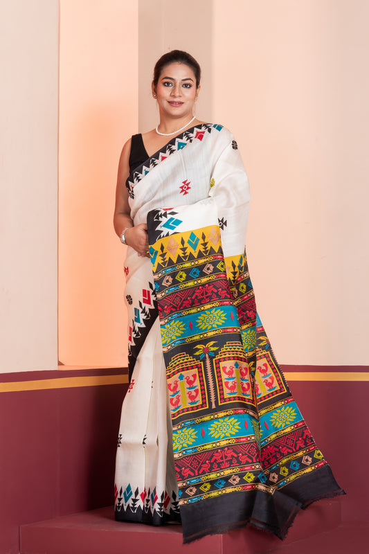 Pakhna  White  & Black Pure Murshidabad Silk Saree