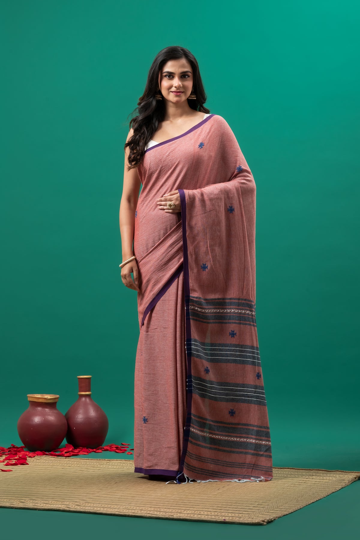 Dusky Pink Organic Cotton handwoven Dhonekhali Saree